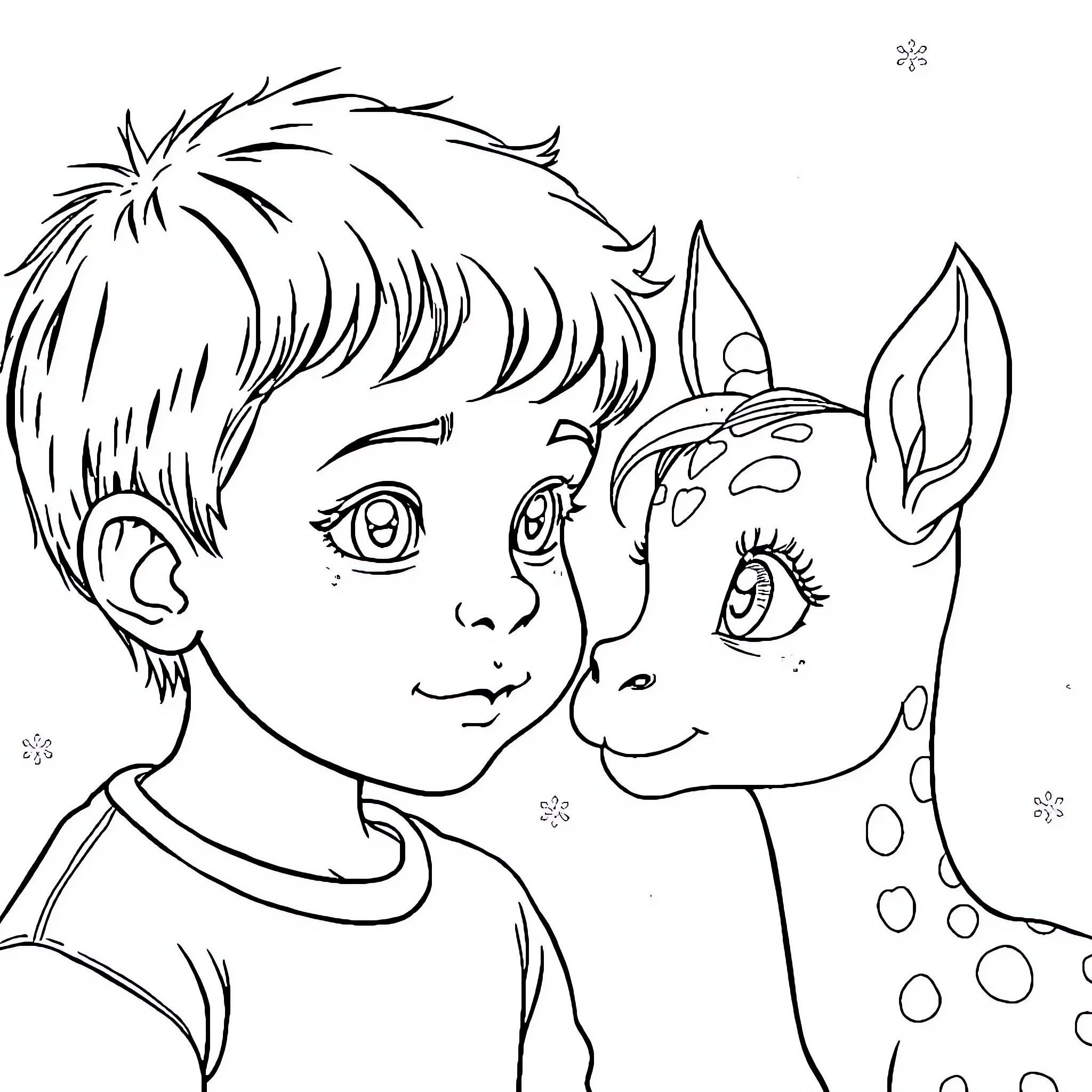 Niño and his spotted friend Coloring Page (free black-and-white line drawing printable PDF for all, from beginners to advanced learners, including children, teens, adults, and seniors)