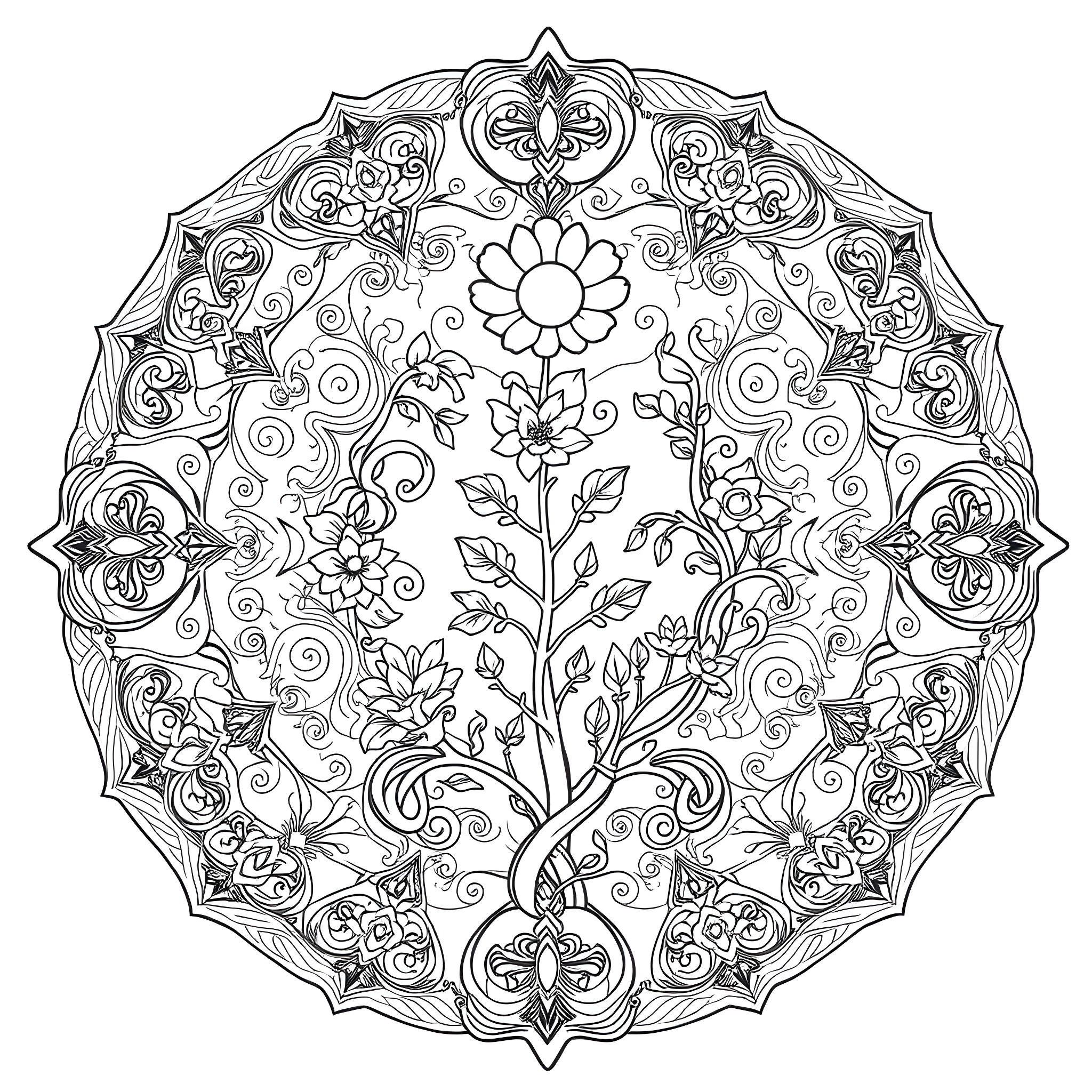 Mandala with floral and geometric patterns Coloring Page (free black-and-white line drawing printable PDF for all, from beginners to advanced learners, including children, teens, adults, and seniors)