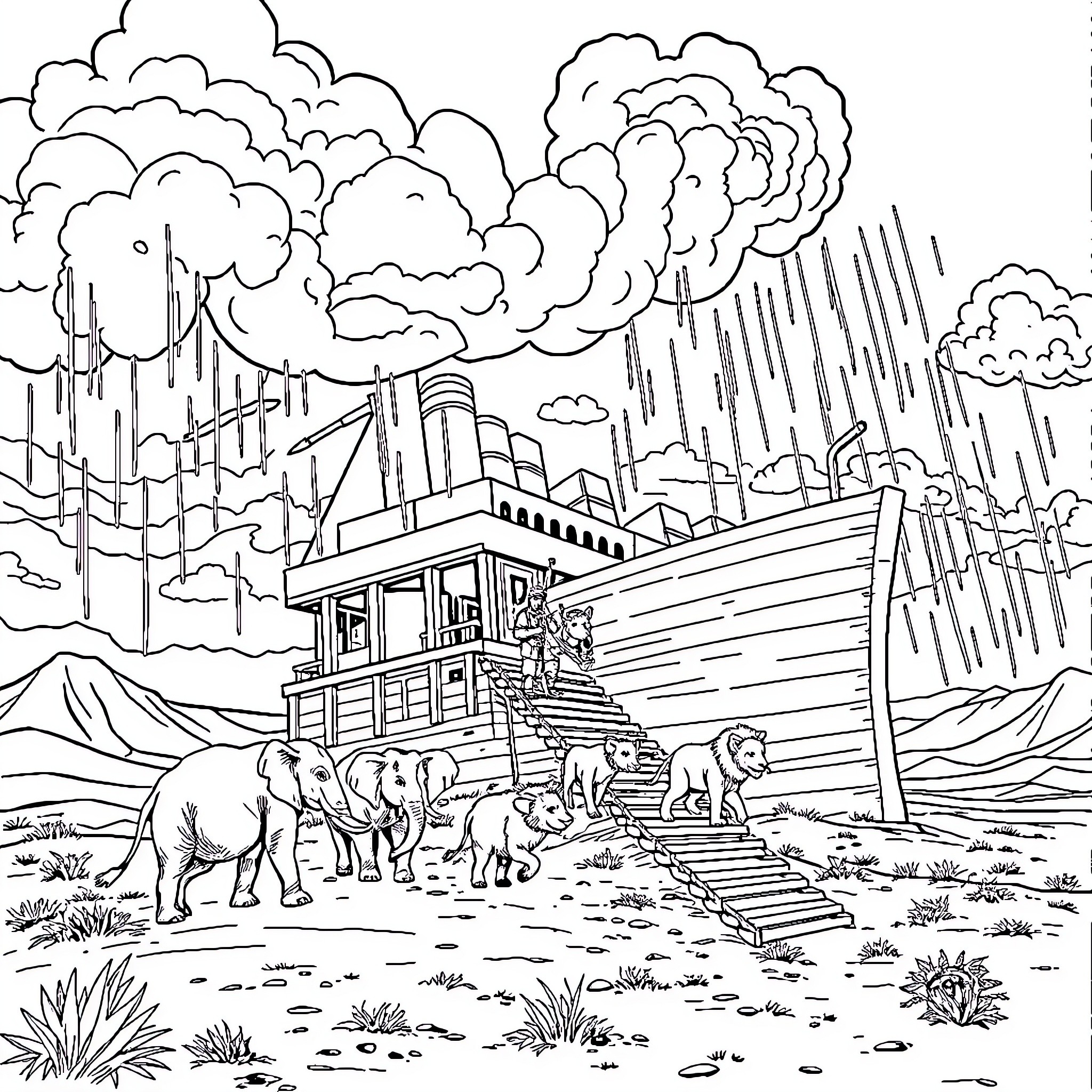 Noah's ark in a stormy landscape Coloring Page (free black-and-white line drawing printable PDF for all, from beginners to advanced learners, including children, teens, adults, and seniors)
