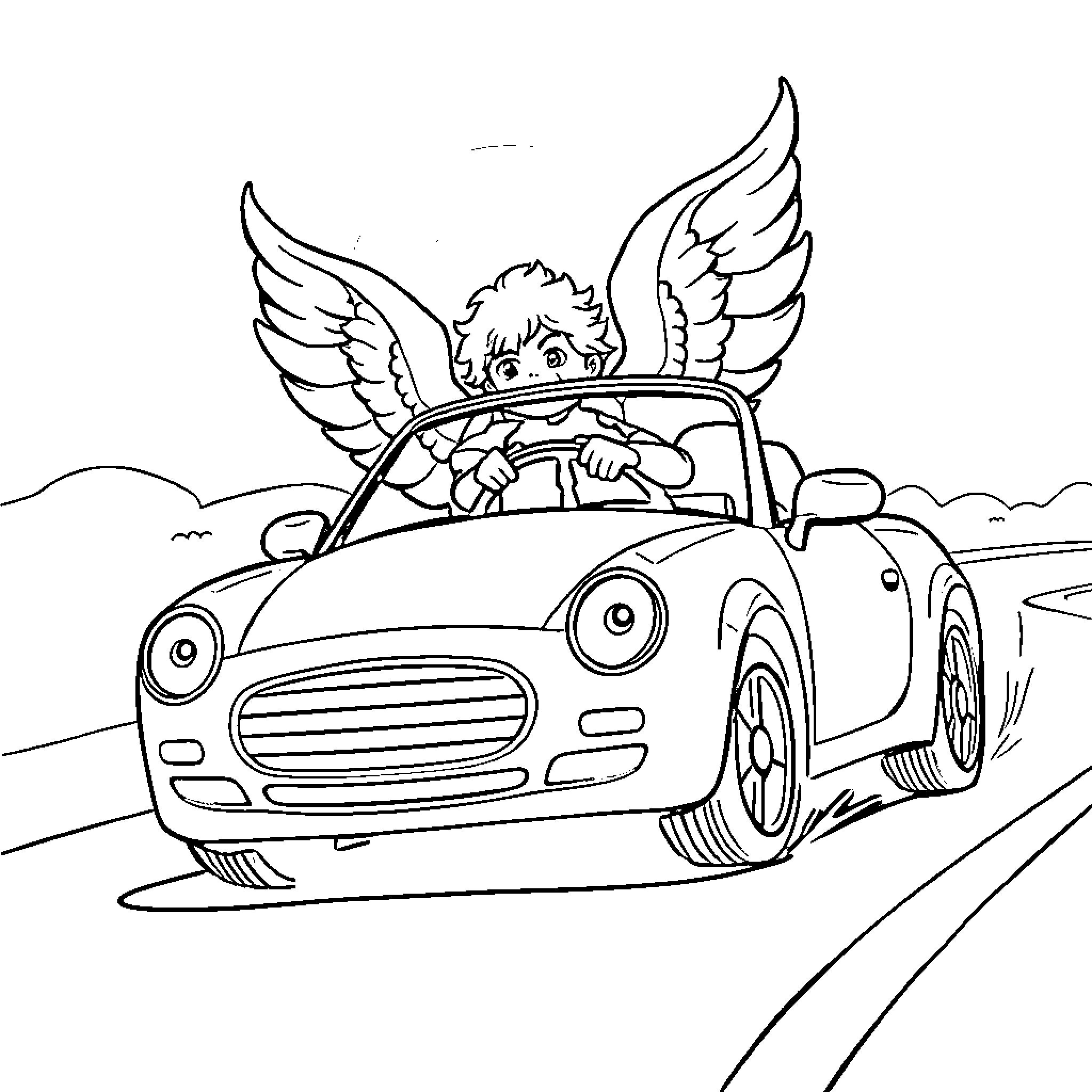 Angel Driving Car Joyfully on the Road Coloring Page (free black-and-white line drawing printable PDF for all, from beginners to advanced learners, including children, teens, adults, and seniors)