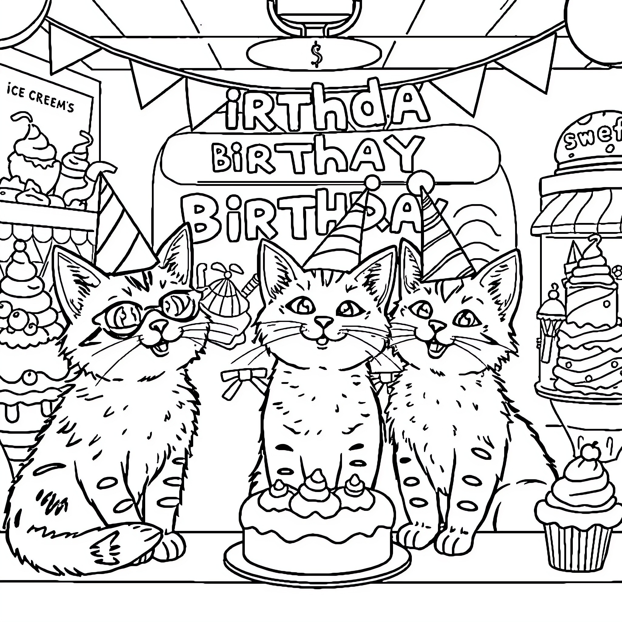 Cat birthday party scene with decorations Coloring Page (free black-and-white line drawing printable PDF for all, from beginners to advanced learners, including children, teens, adults, and seniors)
