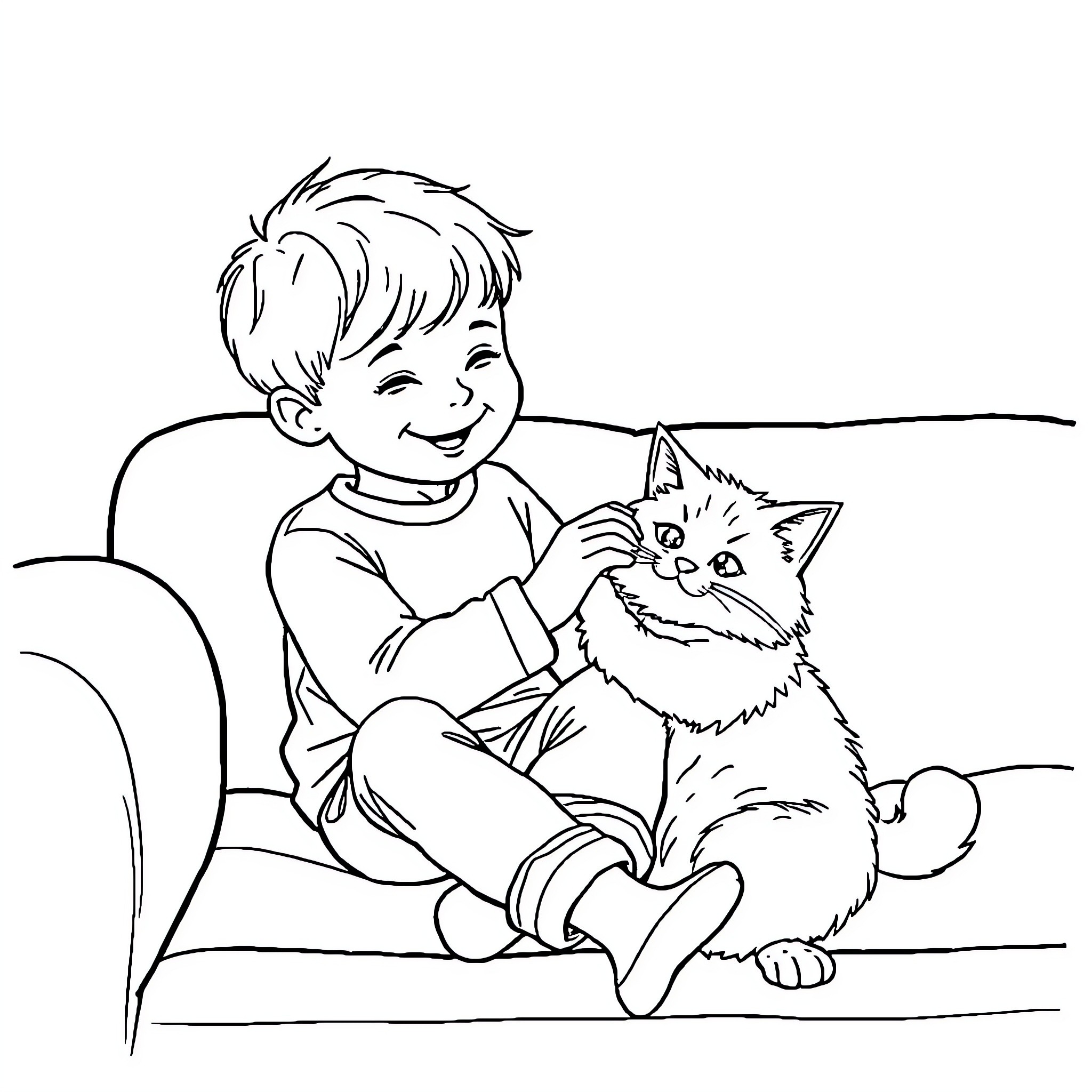 Kid playing with cute kitten on couch Coloring Page (free black-and-white line drawing printable PDF for all, from beginners to advanced learners, including children, teens, adults, and seniors)