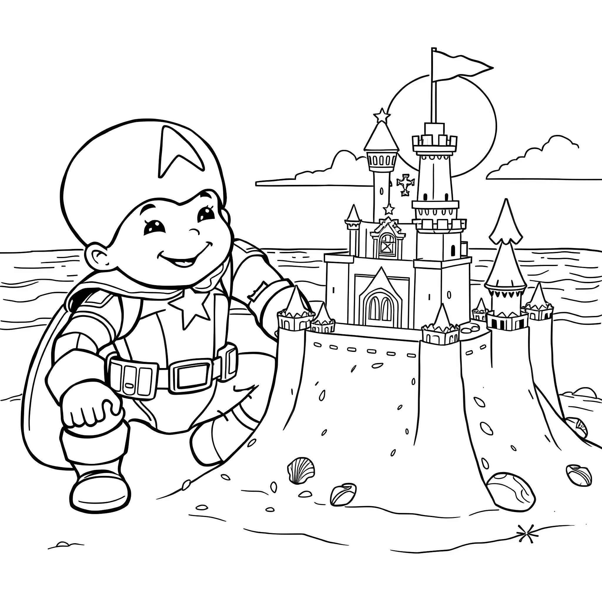 Owen exploring the magical castle by the sea Coloring Page (free black-and-white line drawing printable PDF for all, from beginners to advanced learners, including children, teens, adults, and seniors)