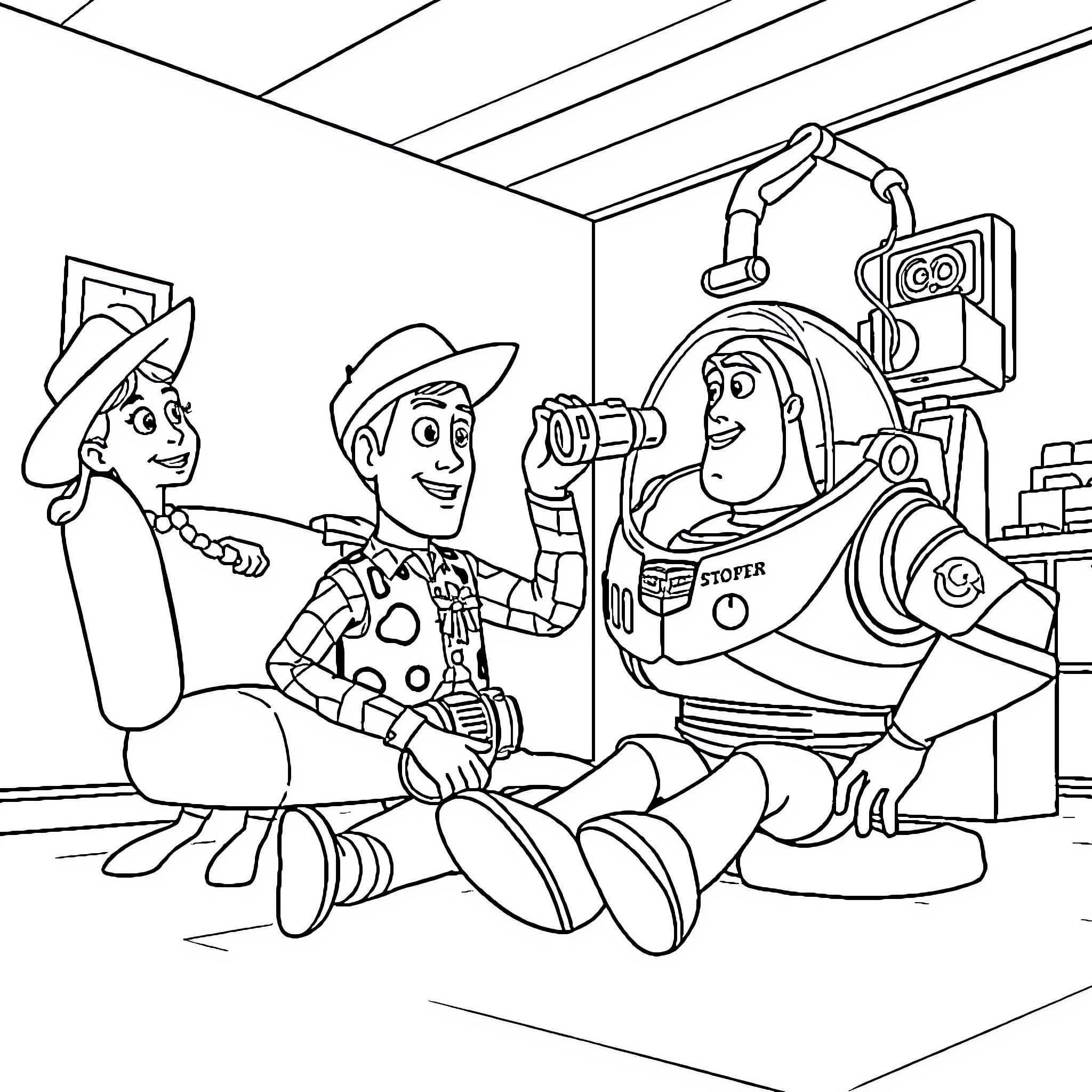Toy Story Characters in Animated Adventure Coloring Page (free black-and-white line drawing printable PDF for all, from beginners to advanced learners, including children, teens, adults, and seniors)