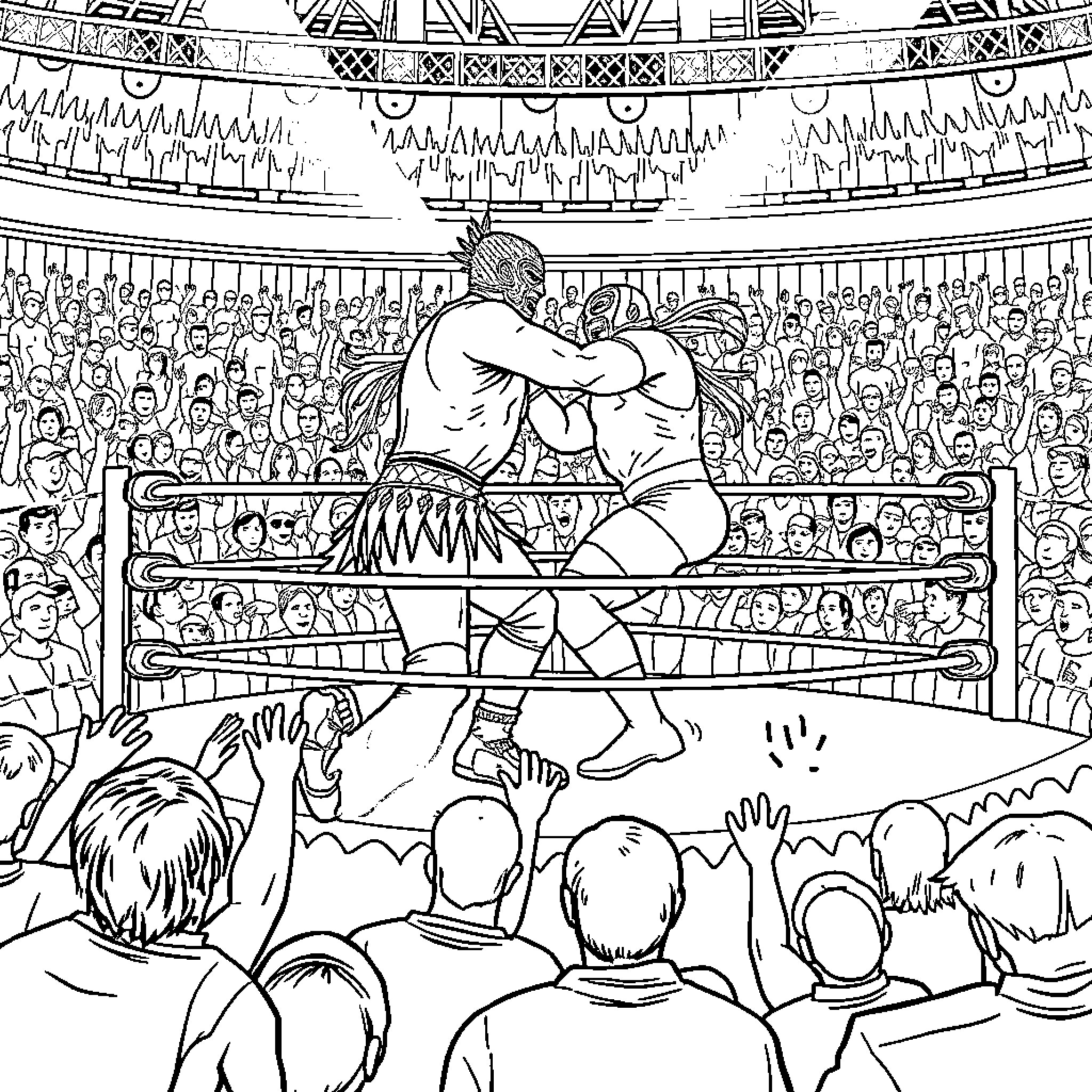 Wrestling match in a crowded stadium Coloring Page (free black-and-white line drawing printable PDF for all, from beginners to advanced learners, including children, teens, adults, and seniors)