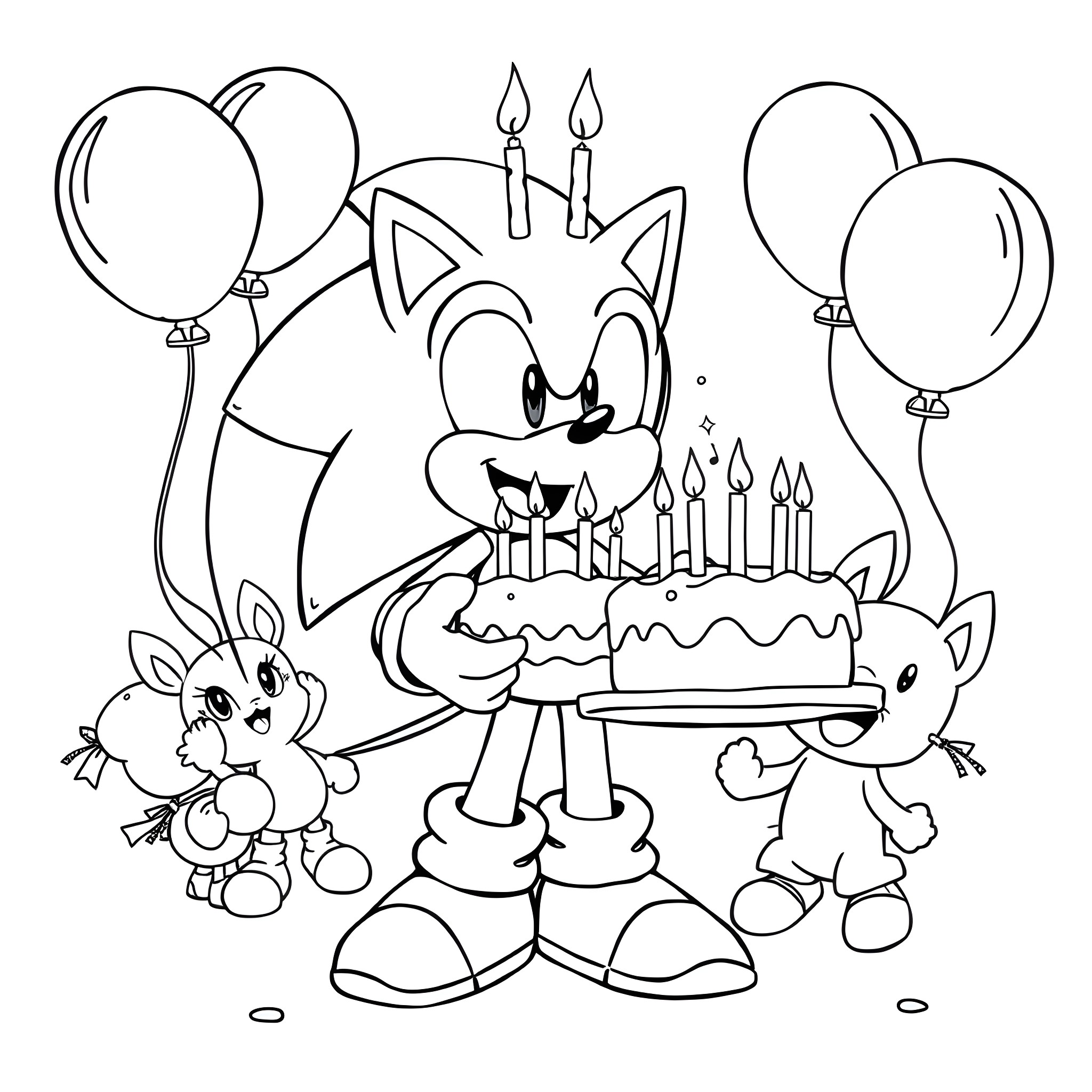 Sonic celebrates birthday with cake and friends Coloring Page (free black-and-white line drawing printable PDF for all, from beginners to advanced learners, including children, teens, adults, and seniors)