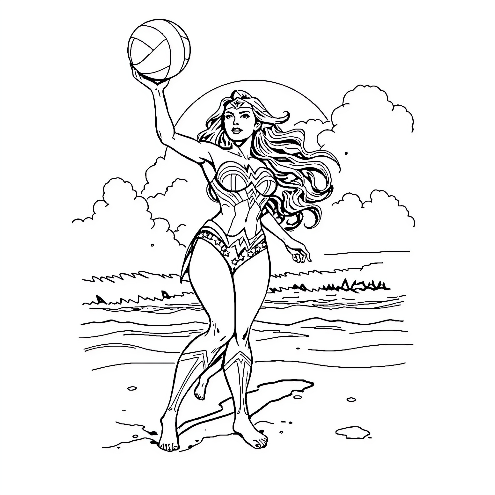 Wonder Woman playing volleyball on the beach Coloring Page (free black-and-white line drawing printable PDF for all, from beginners to advanced learners, including children, teens, adults, and seniors)