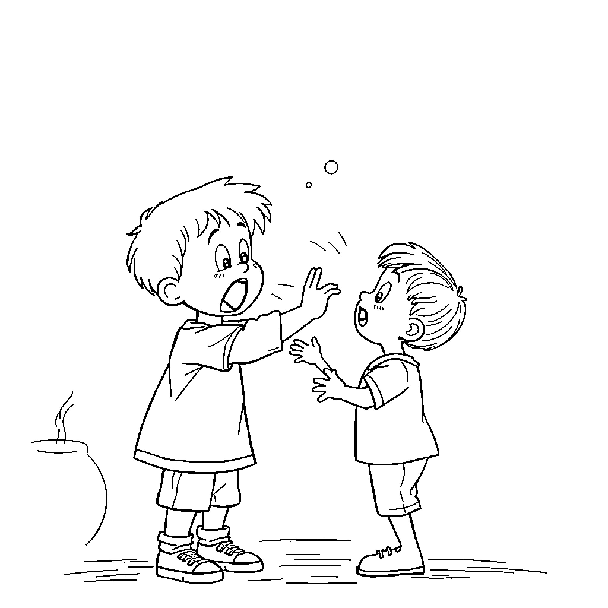 Kid friends having fun and playing together Coloring Page (free black-and-white line drawing printable PDF for all, from beginners to advanced learners, including children, teens, adults, and seniors)