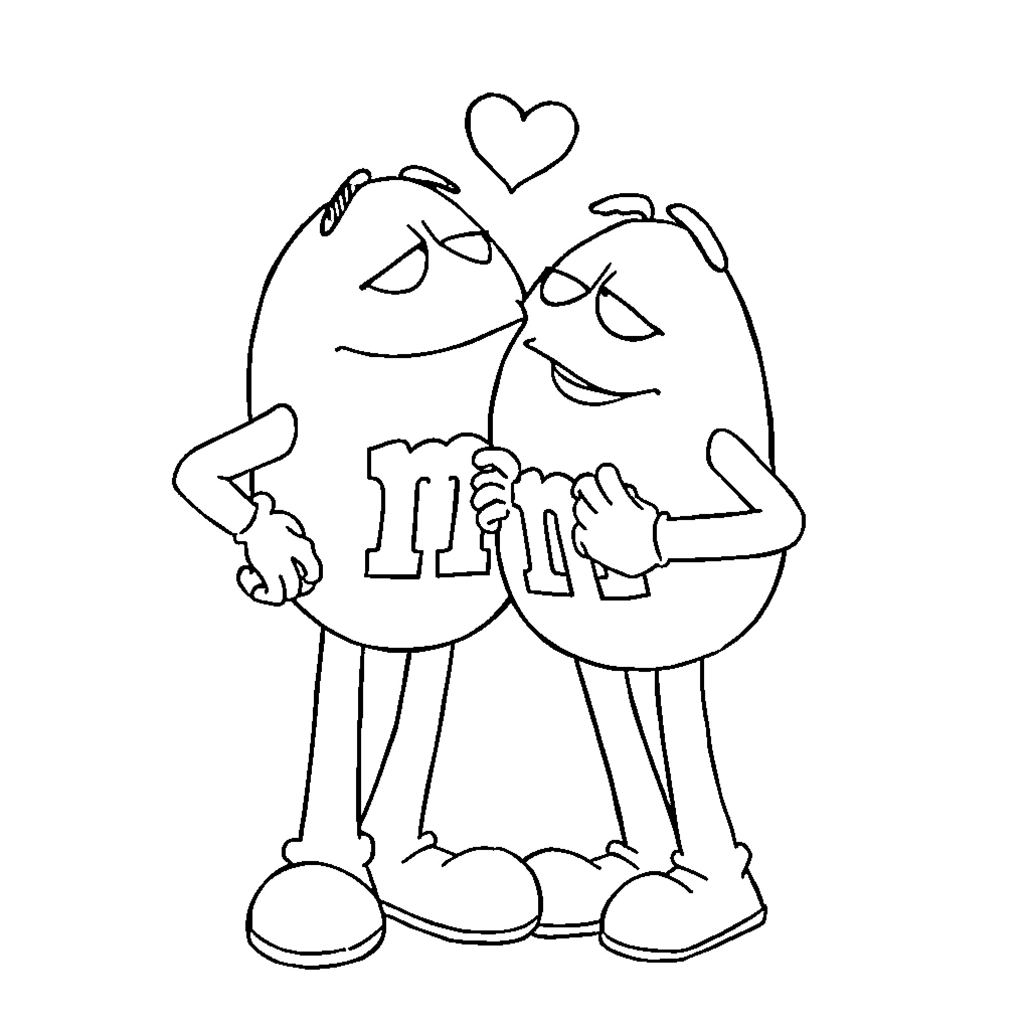 M&m characters affectionately embracing Coloring Page (free black-and-white line drawing printable PDF for all, from beginners to advanced learners, including children, teens, adults, and seniors)