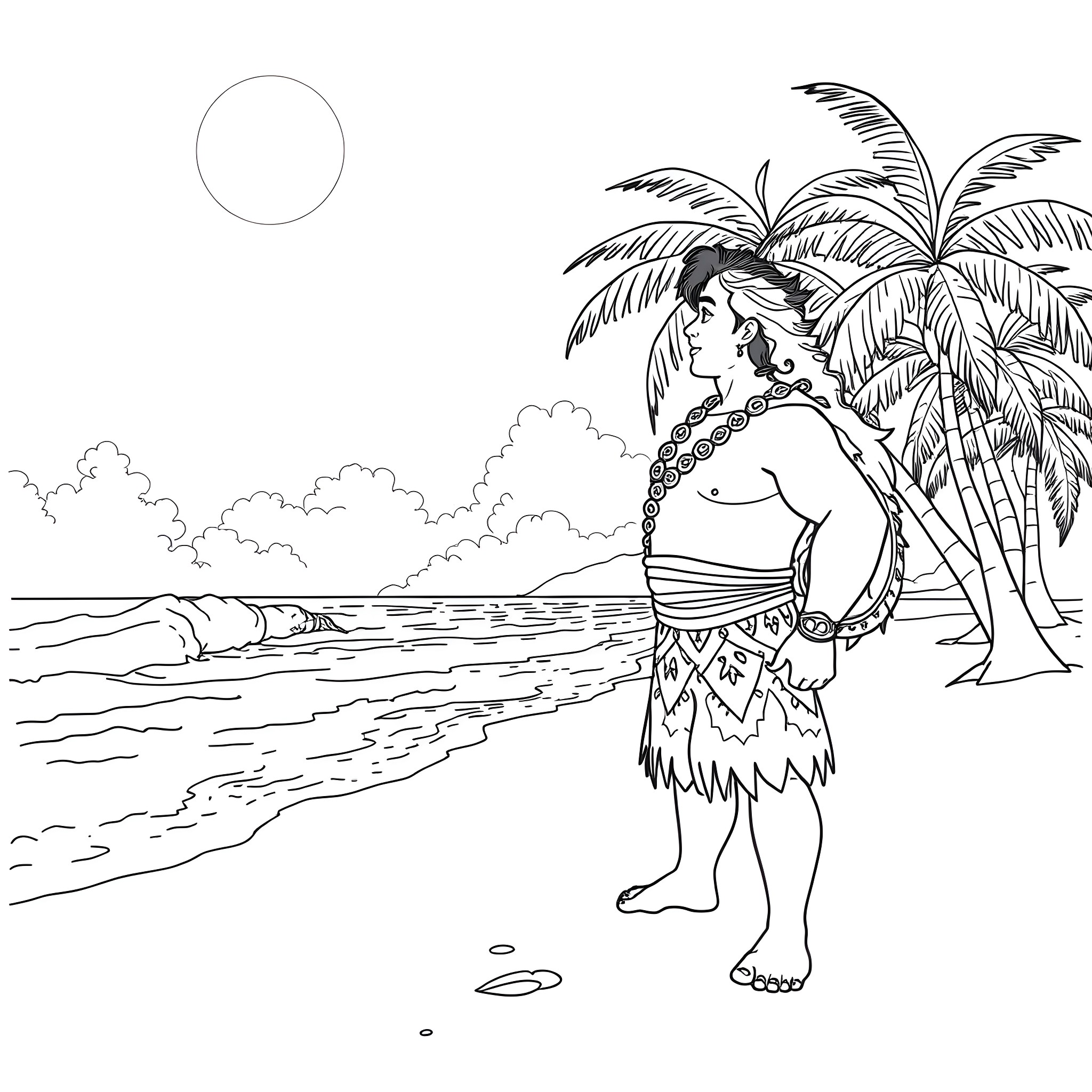 Moana exploring the tropical beach with palm trees Coloring Page (free black-and-white line drawing printable PDF for all, from beginners to advanced learners, including children, teens, adults, and seniors)