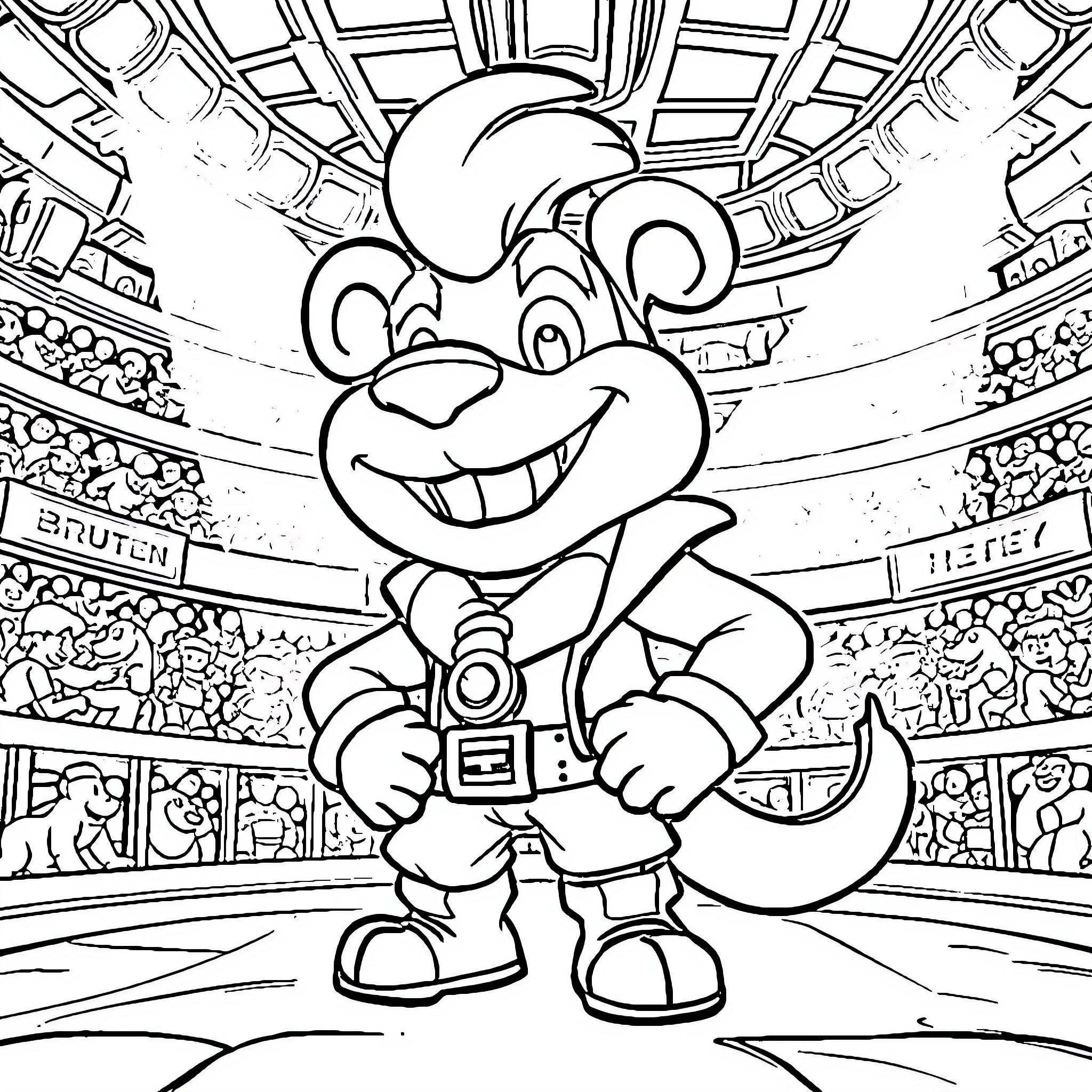 Chester the Cheerful Character at the Stadium Coloring Page (free black-and-white line drawing printable PDF for all, from beginners to advanced learners, including children, teens, adults, and seniors)