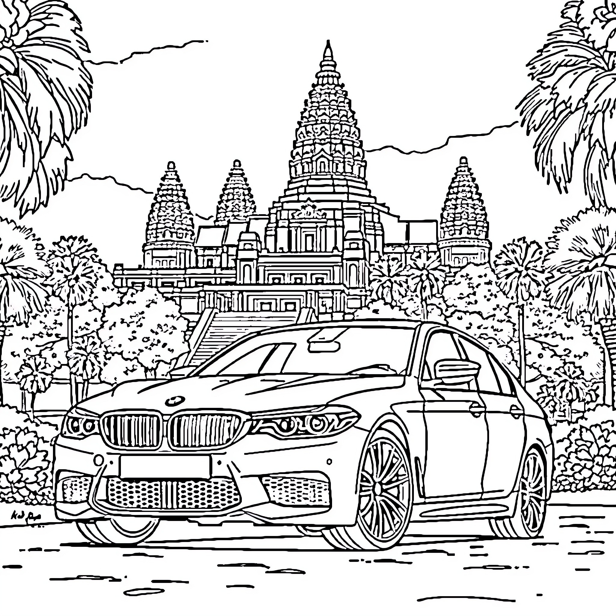 BMW M5 with Ornate Temple in the Background Coloring Page (free black-and-white line drawing printable PDF for all, from beginners to advanced learners, including children, teens, adults, and seniors)