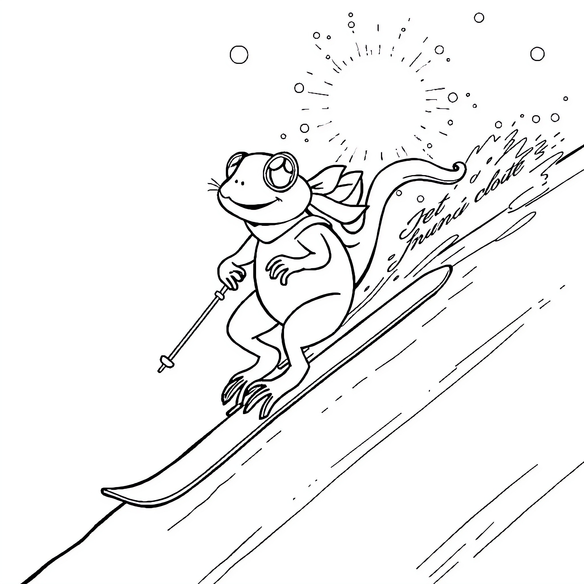 Frog skiing with excitement on the slopes Coloring Page (free black-and-white line drawing printable PDF for all, from beginners to advanced learners, including children, teens, adults, and seniors)