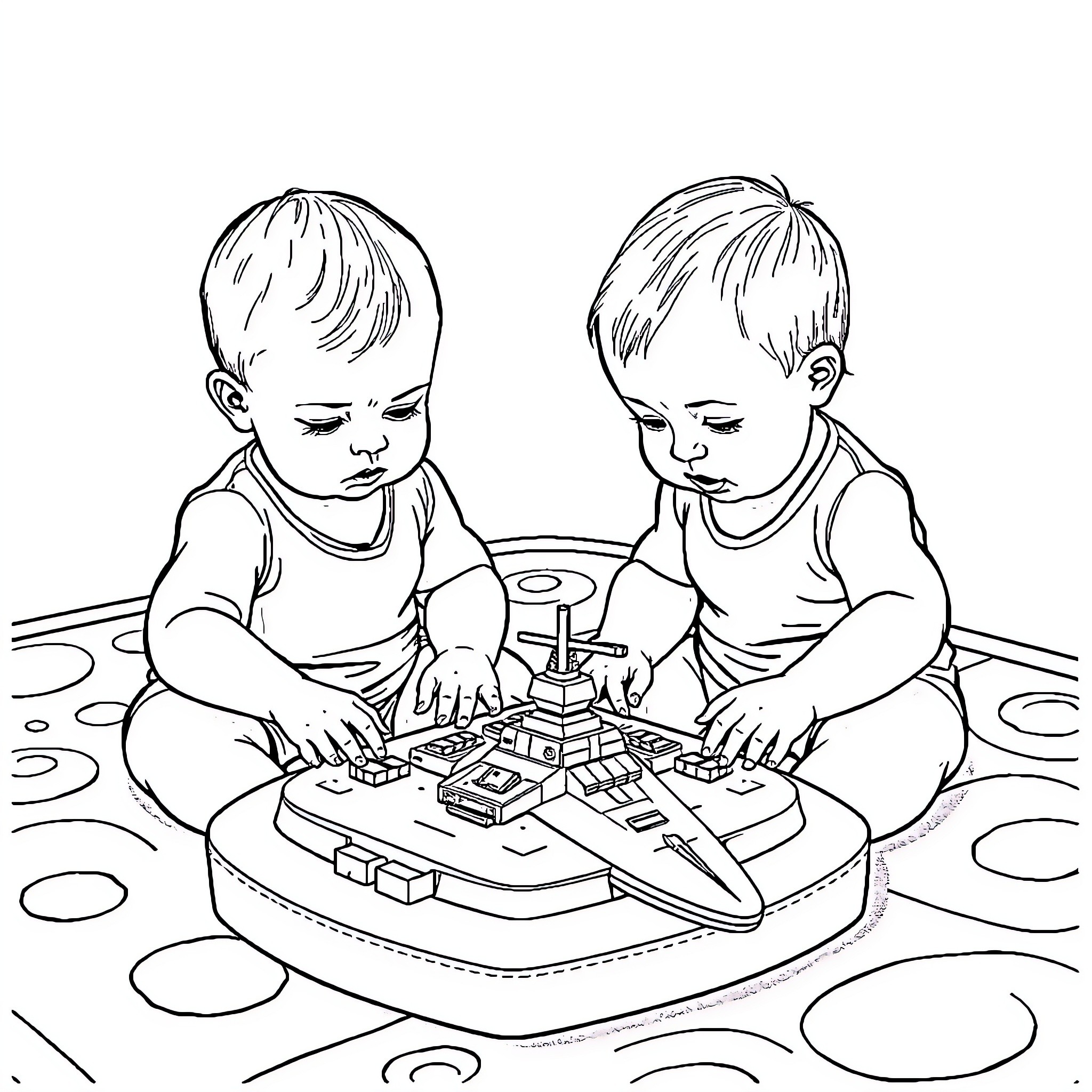 Baby siblings playing with building blocks together Coloring Page (free black-and-white line drawing printable PDF for all, from beginners to advanced learners, including children, teens, adults, and seniors)