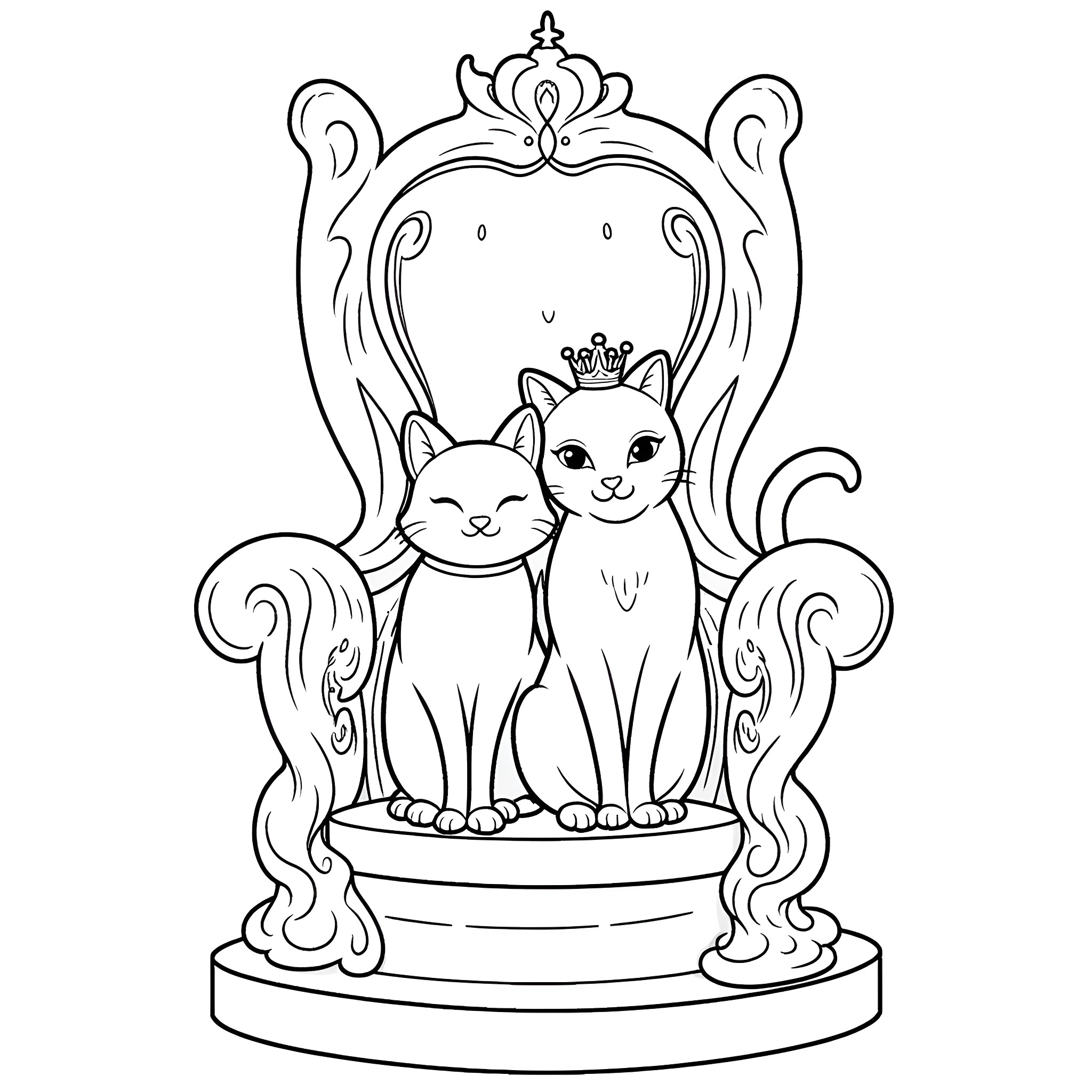 Cat royalty on ornate throne Coloring Page (free black-and-white line drawing printable PDF for all, from beginners to advanced learners, including children, teens, adults, and seniors)