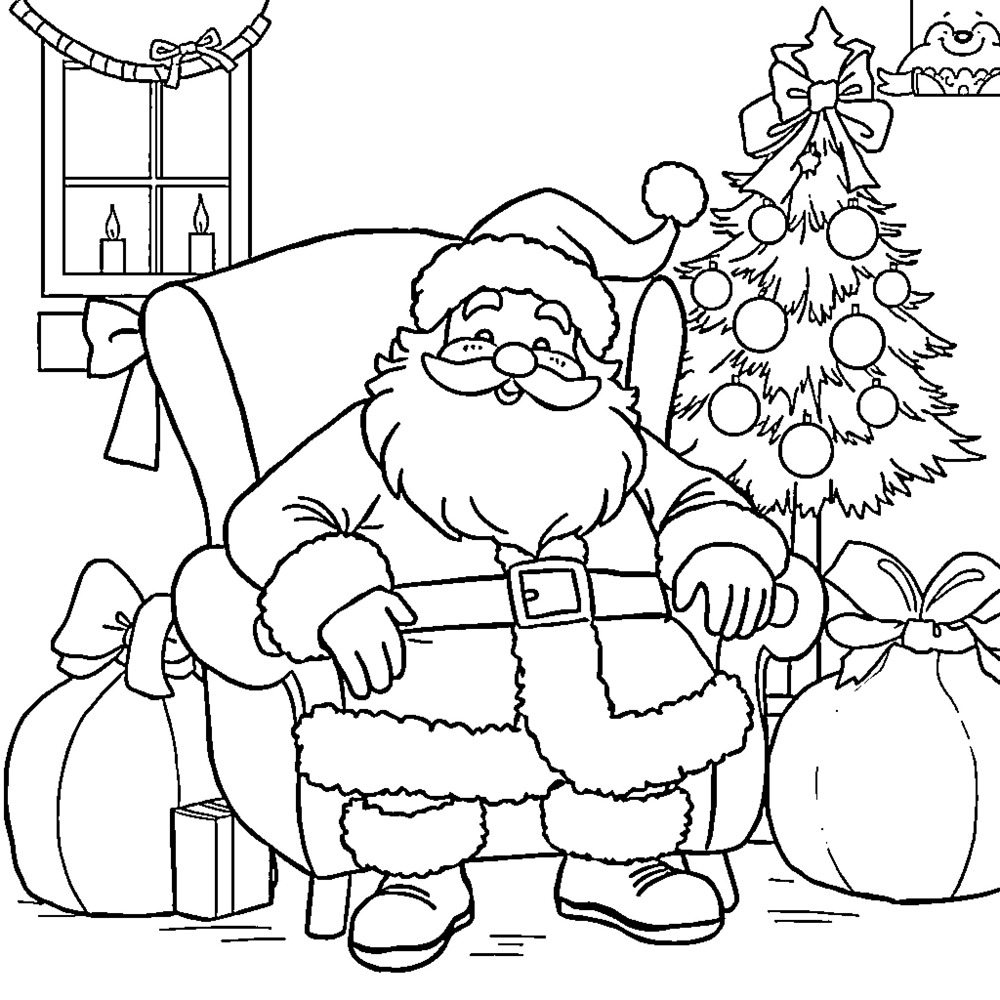 Santa Claus and Christmas Decorations Coloring Page (free black-and-white line drawing printable PDF for all, from beginners to advanced learners, including children, teens, adults, and seniors)