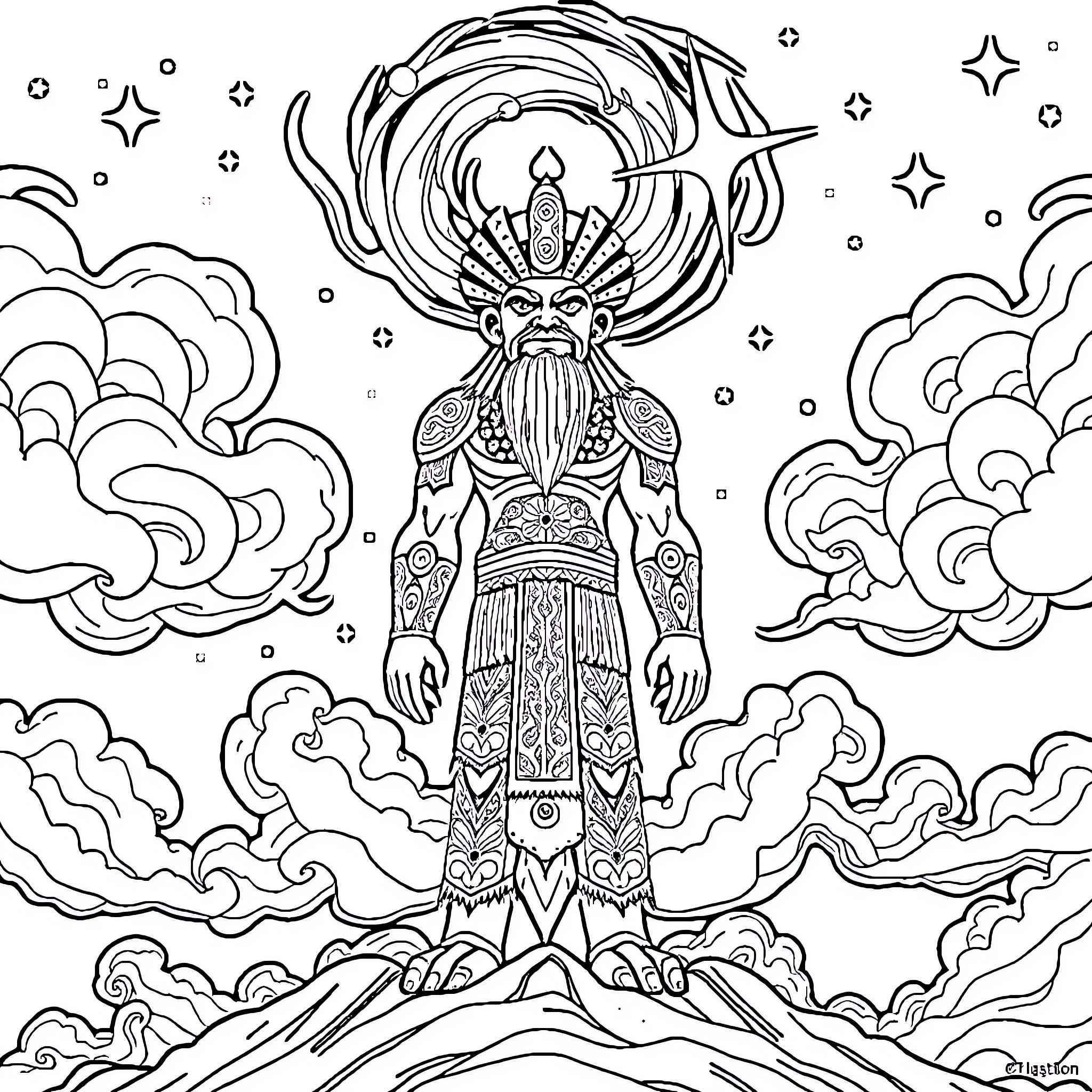 Maori God wielding power amidst clouds and stars Coloring Page (free black-and-white line drawing printable PDF for all, from beginners to advanced learners, including children, teens, adults, and seniors)
