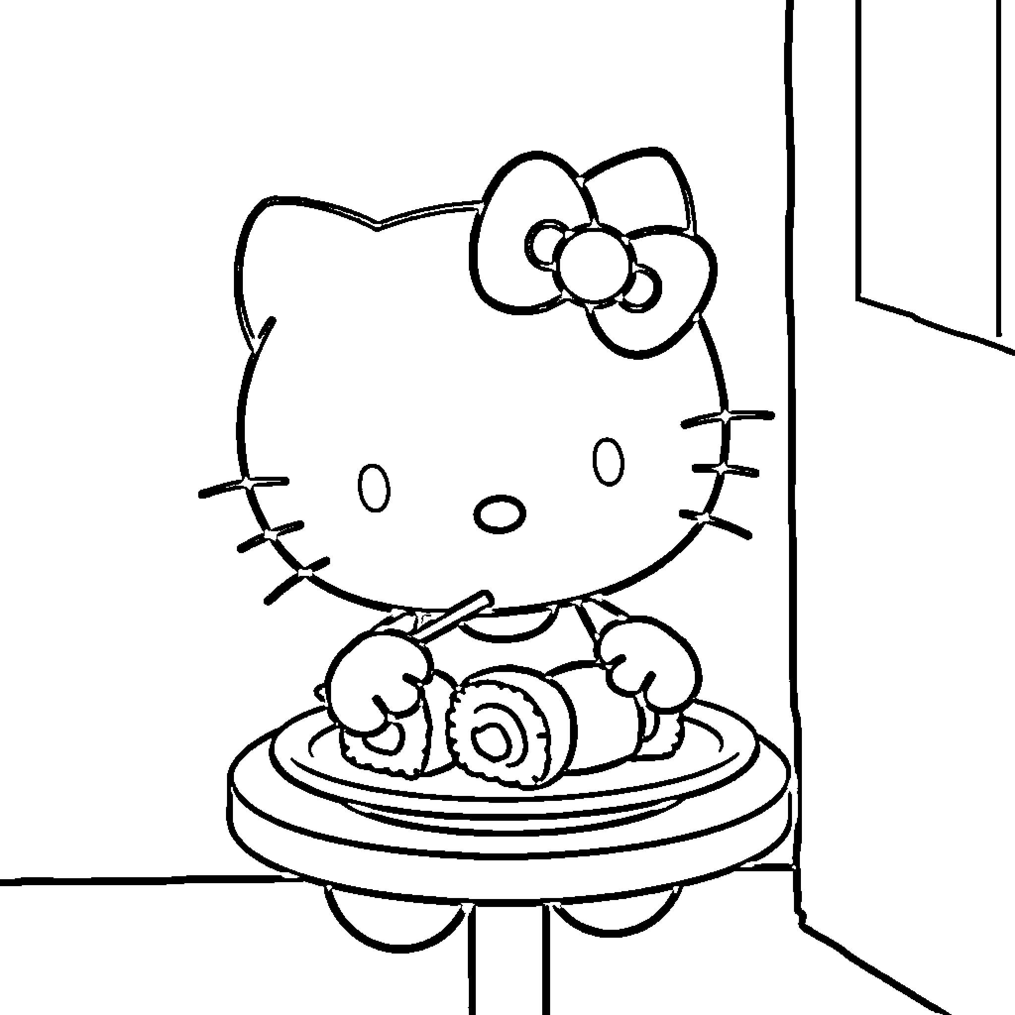 Hello Kitty enjoying a delicious dessert Coloring Page (free black-and-white line drawing printable PDF for all, from beginners to advanced learners, including children, teens, adults, and seniors)