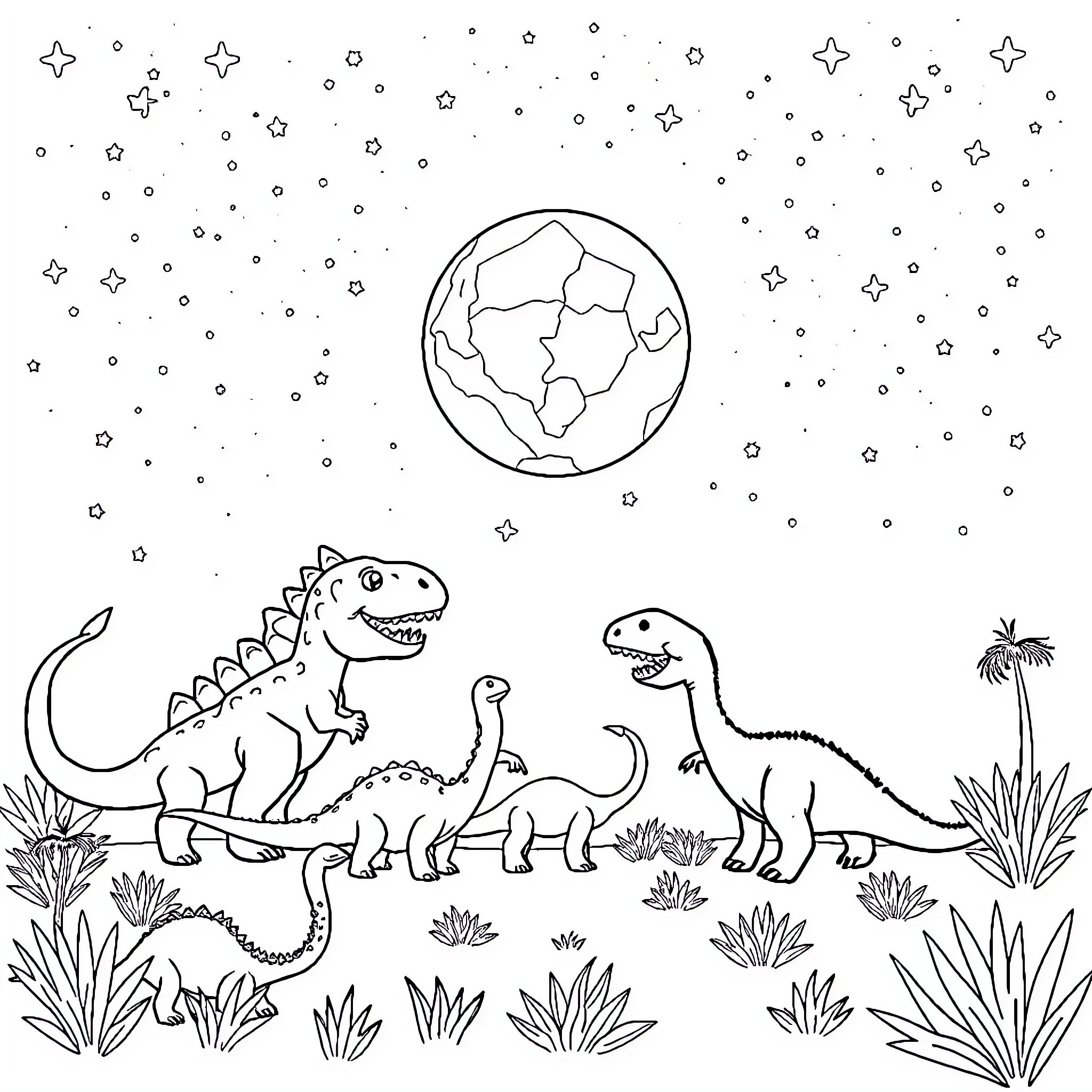 Dinosaur family exploring the prehistoric landscape Coloring Page (free black-and-white line drawing printable PDF for all, from beginners to advanced learners, including children, teens, adults, and seniors)