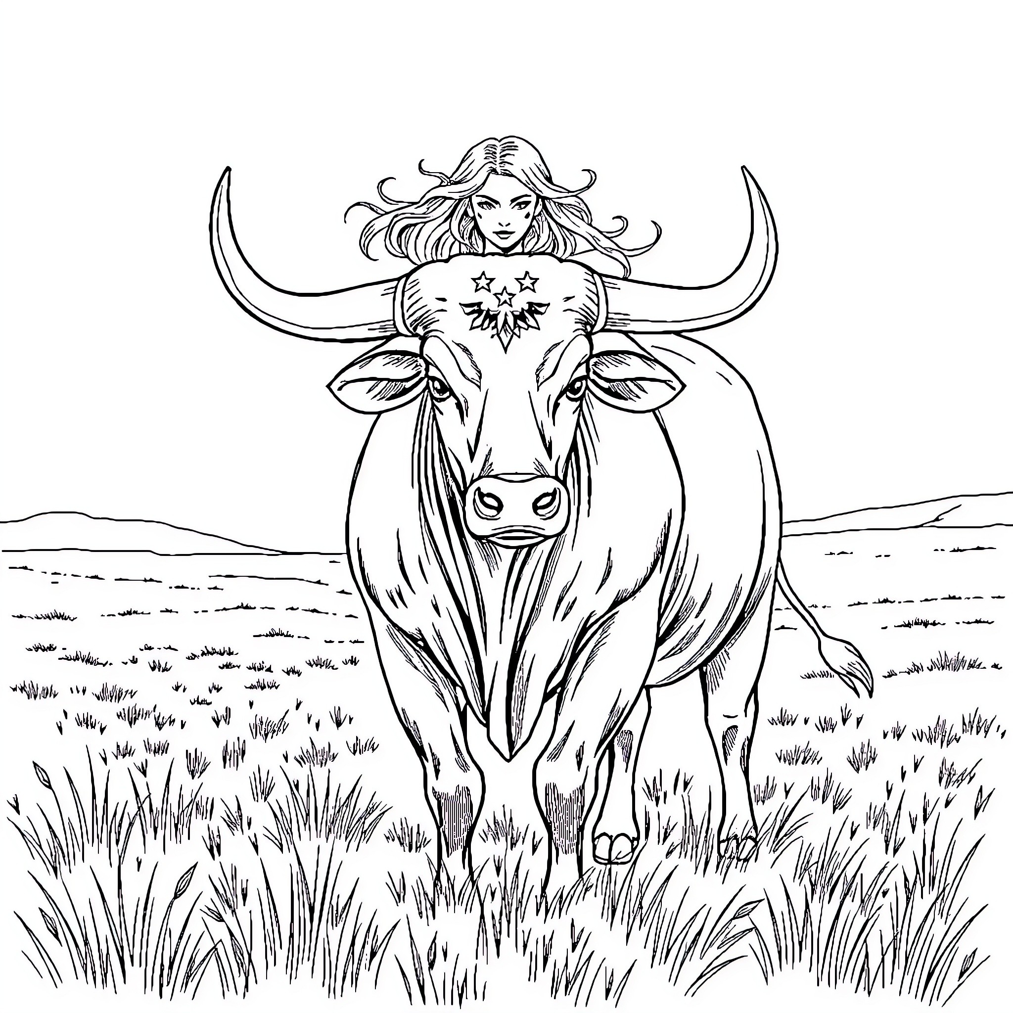 Woman riding a horned animal in a grassy field Coloring Page (free black-and-white line drawing printable PDF for all, from beginners to advanced learners, including children, teens, adults, and seniors)