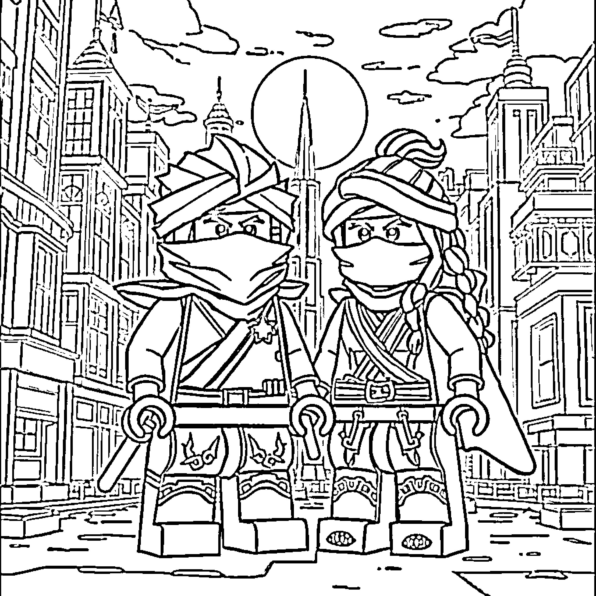 Kai and a companion standing in a busy city Coloring Page (free black-and-white line drawing printable PDF for all, from beginners to advanced learners, including children, teens, adults, and seniors)