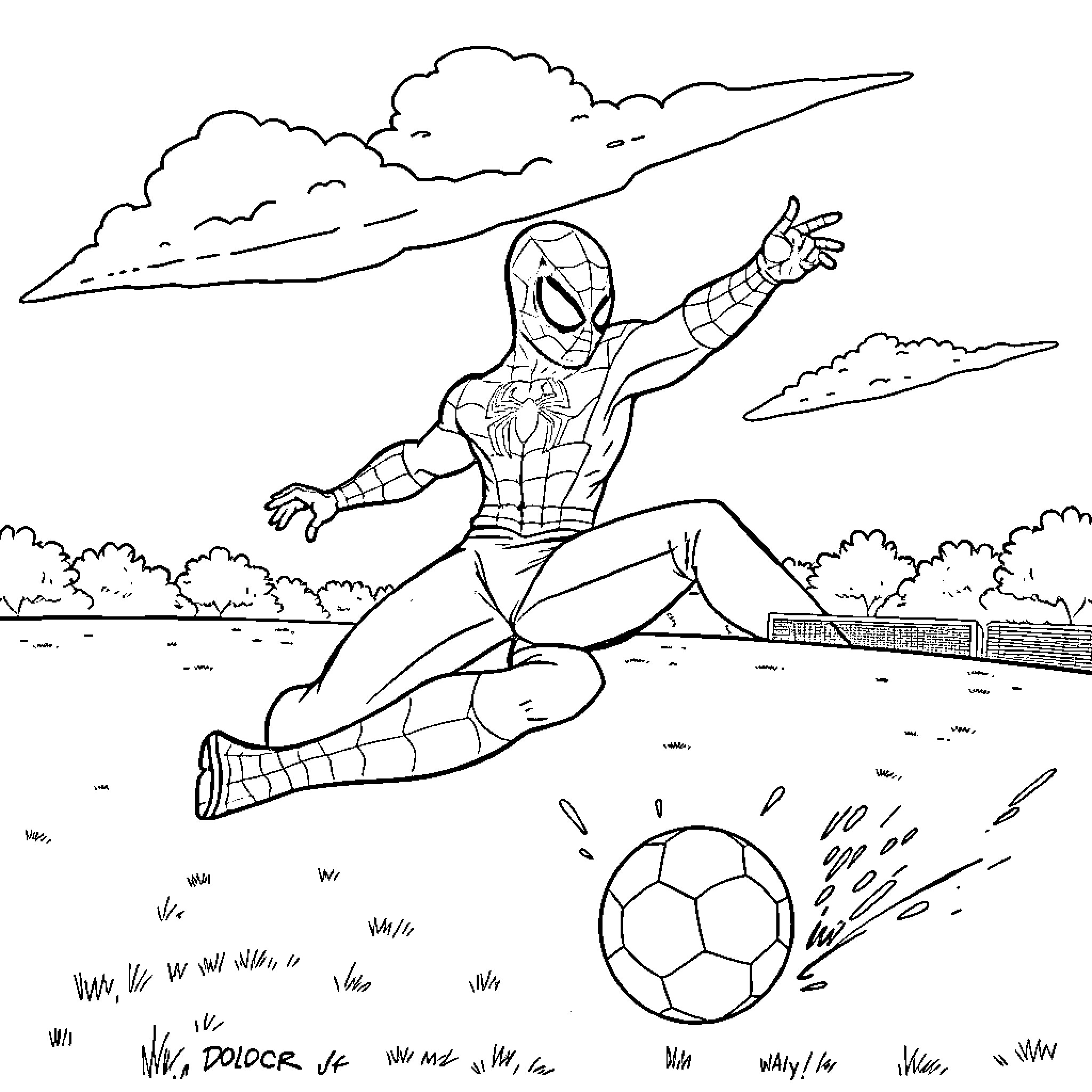 Spiderman playing soccer with enthusiasm Coloring Page (free black-and-white line drawing printable PDF for all, from beginners to advanced learners, including children, teens, adults, and seniors)