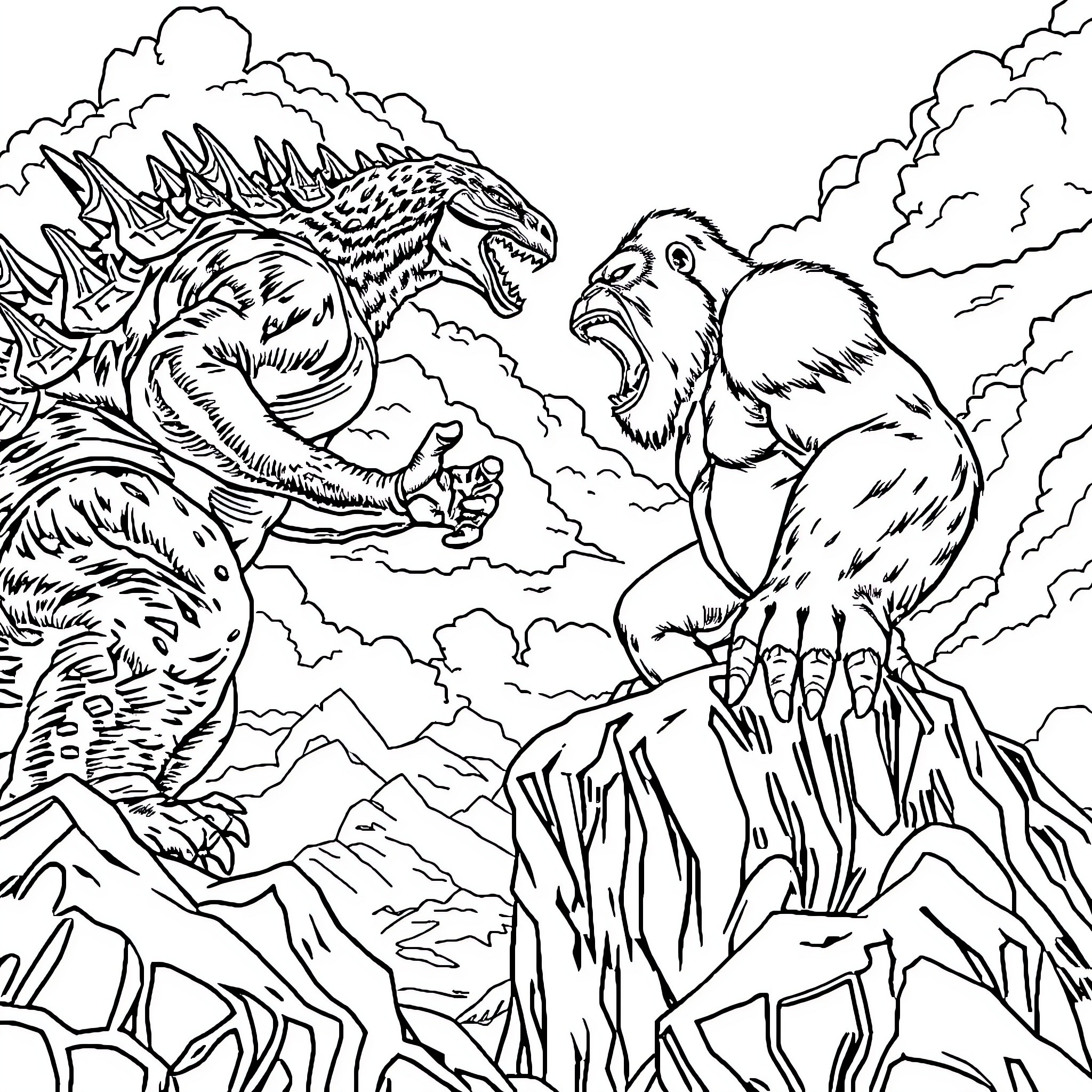 Godzilla confronting a fearsome creature in a dramatic scene Coloring Page (free black-and-white line drawing printable PDF for all, from beginners to advanced learners, including children, teens, adults, and seniors)