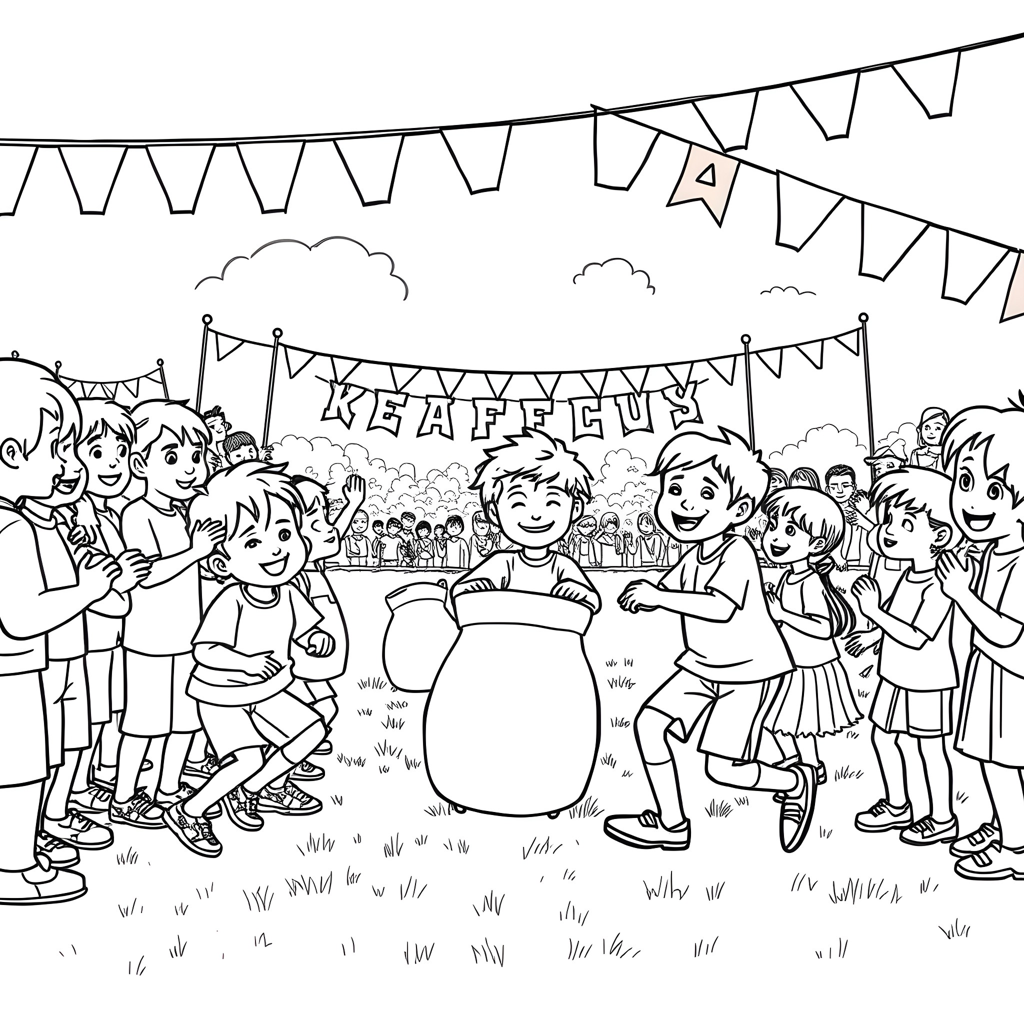 Kid celebrating at a carnival festival Coloring Page (free black-and-white line drawing printable PDF for all, from beginners to advanced learners, including children, teens, adults, and seniors)