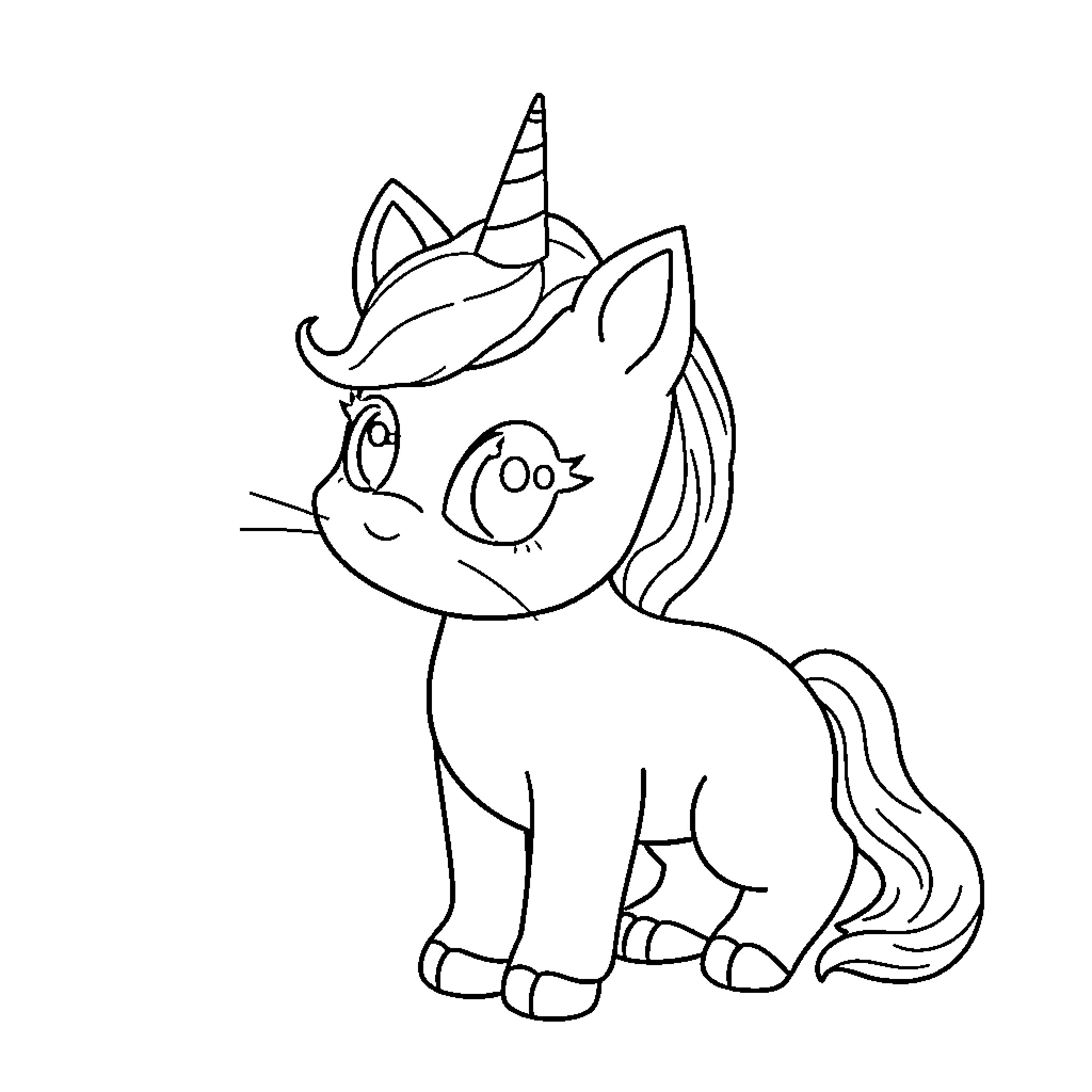 Unicorn with a happy expression Coloring Page (free black-and-white line drawing printable PDF for all, from beginners to advanced learners, including children, teens, adults, and seniors)