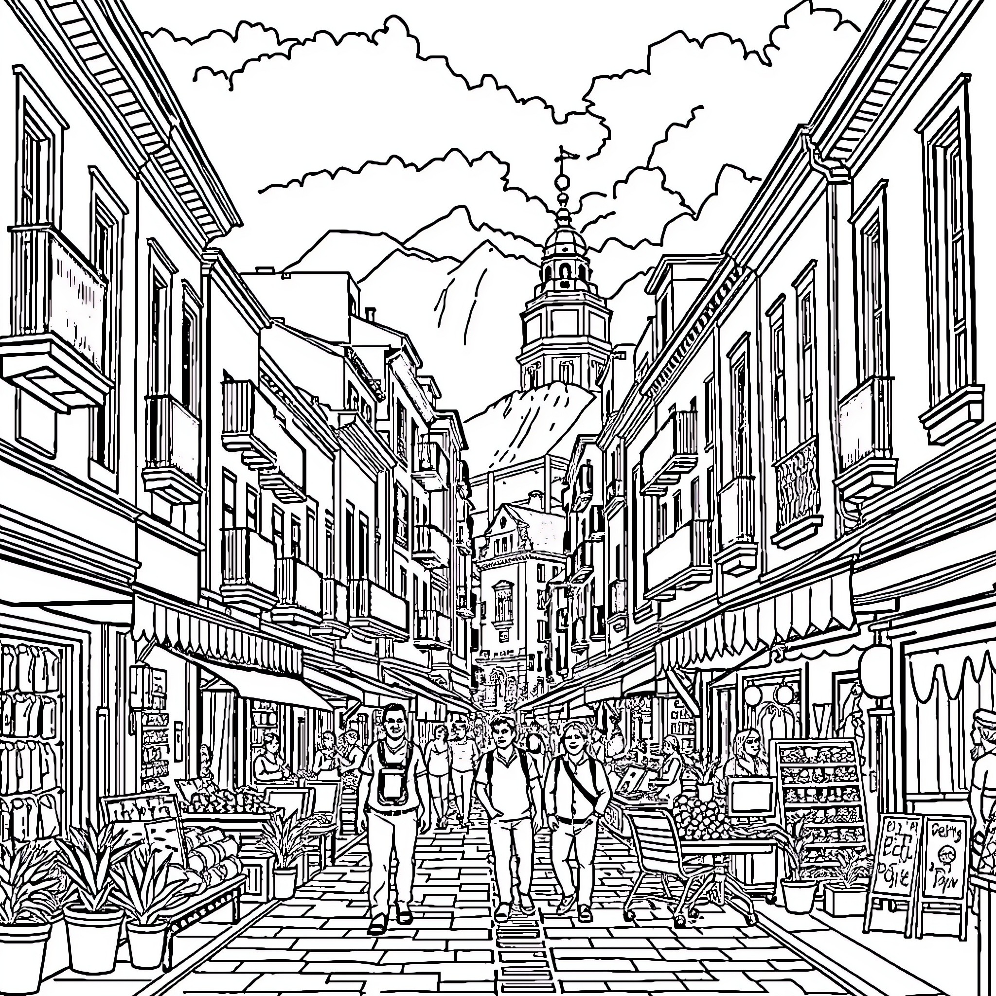 Argentina city street with historic buildings and people Coloring Page (free black-and-white line drawing printable PDF for all, from beginners to advanced learners, including children, teens, adults, and seniors)