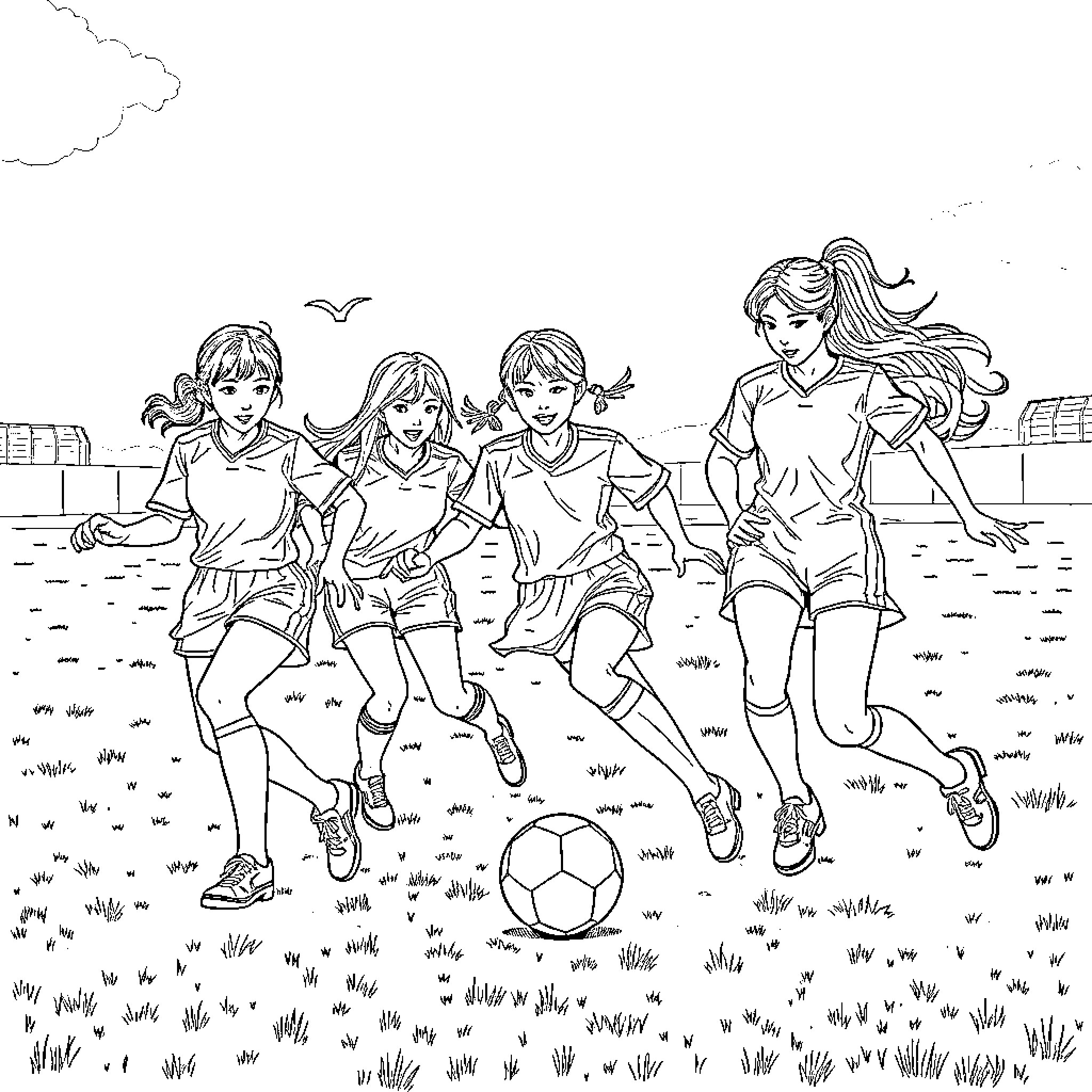K Pop Warrior Girls Playing Soccer in the Field Coloring Page (free black-and-white line drawing printable PDF for all, from beginners to advanced learners, including children, teens, adults, and seniors)