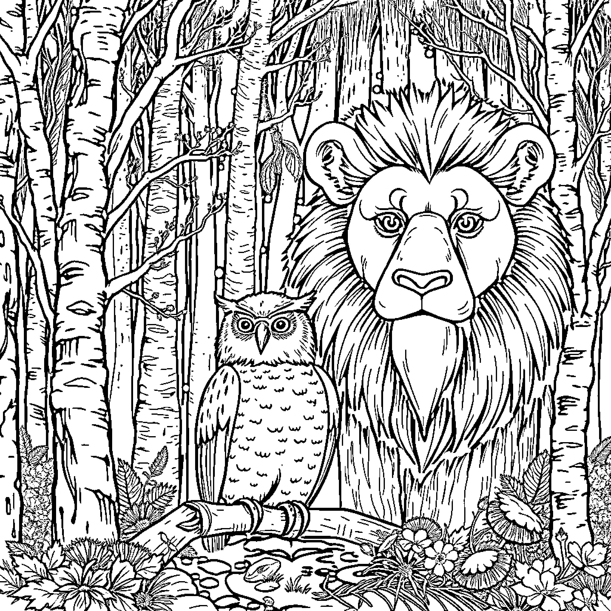 Viking Animals in a Magical Forest Coloring Page (free black-and-white line drawing printable PDF for all, from beginners to advanced learners, including children, teens, adults, and seniors)