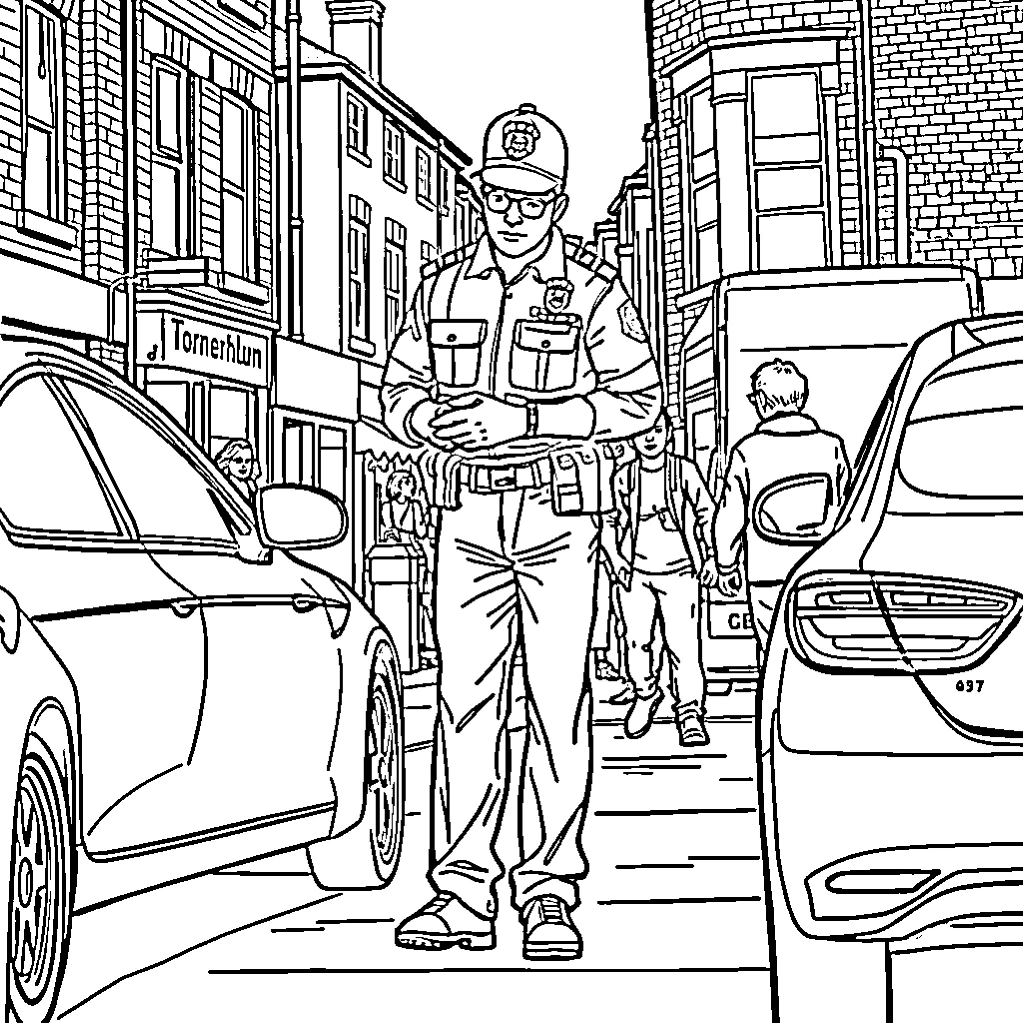 Police Officer Walking on City Street Coloring Page (free black-and-white line drawing printable PDF for all, from beginners to advanced learners, including children, teens, adults, and seniors)