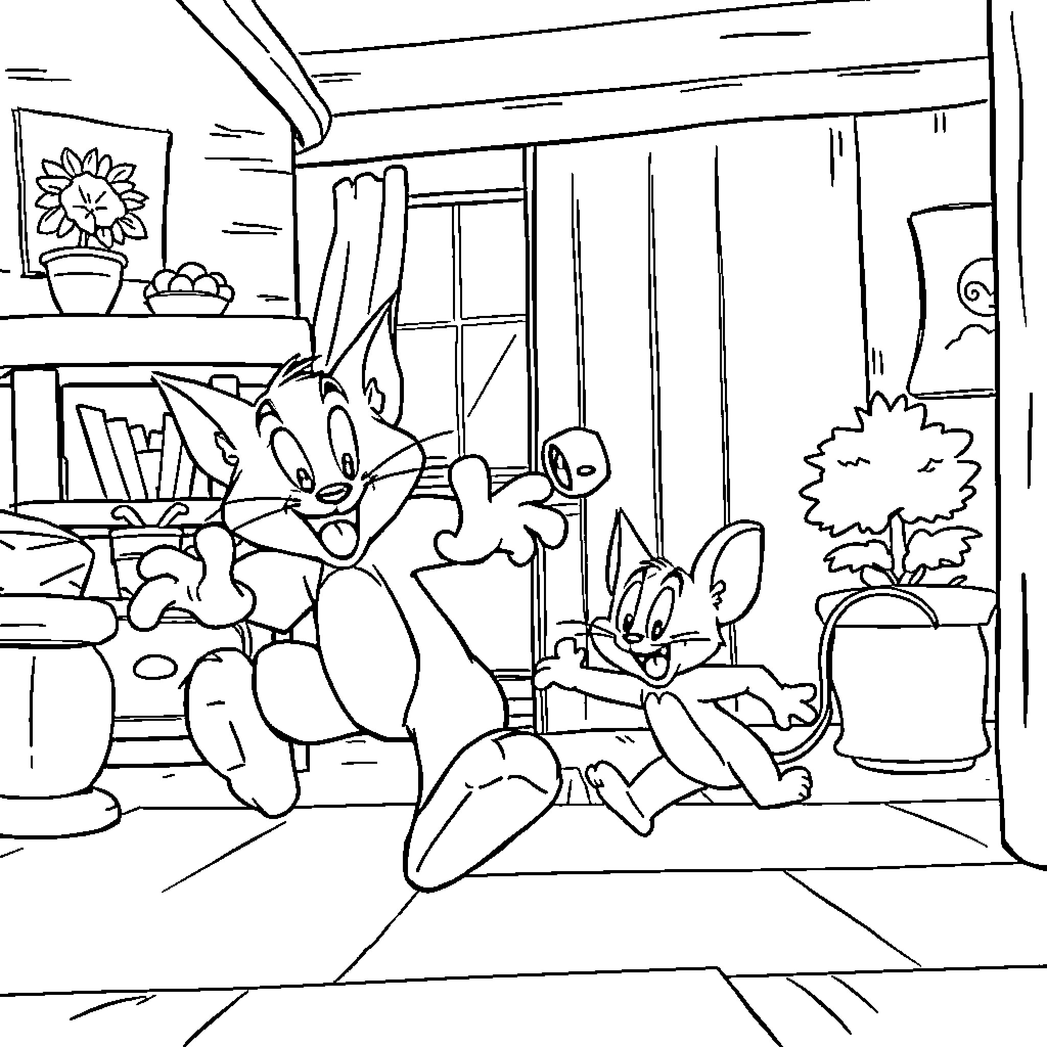 Tom and Jerry's Comical Antics in the Home Coloring Page (free black-and-white line drawing printable PDF for all, from beginners to advanced learners, including children, teens, adults, and seniors)