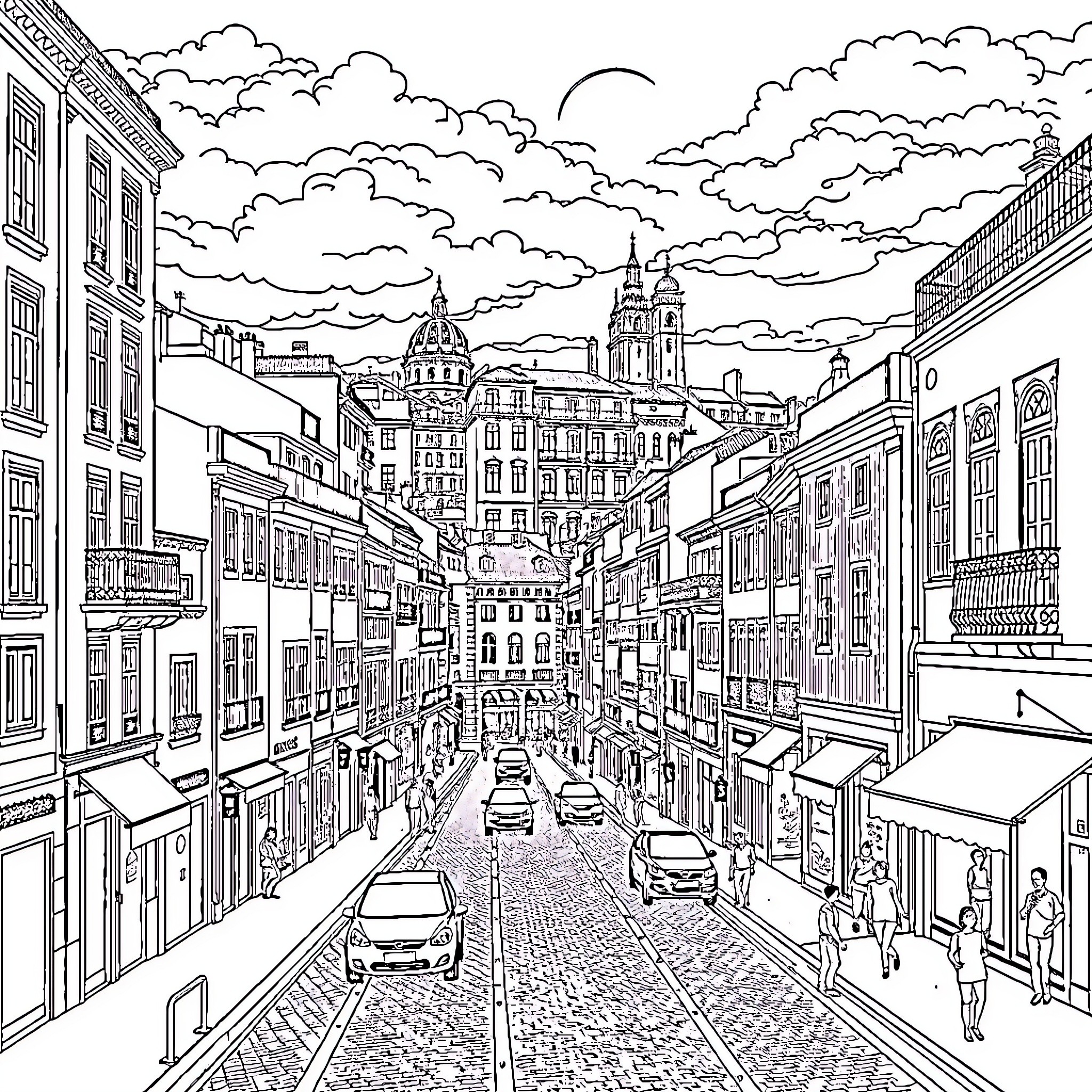 Lisboa street scene with bustling shops and architecture Coloring Page (free black-and-white line drawing printable PDF for all, from beginners to advanced learners, including children, teens, adults, and seniors)