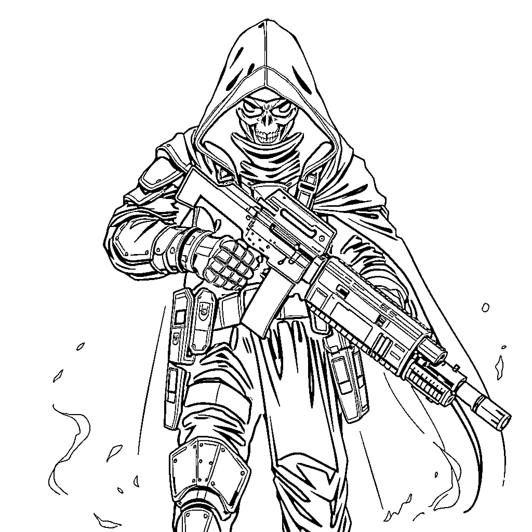 Templar Warrior Wielding Futuristic Weaponry Coloring Page (free black-and-white line drawing printable PDF for all, from beginners to advanced learners, including children, teens, adults, and seniors)