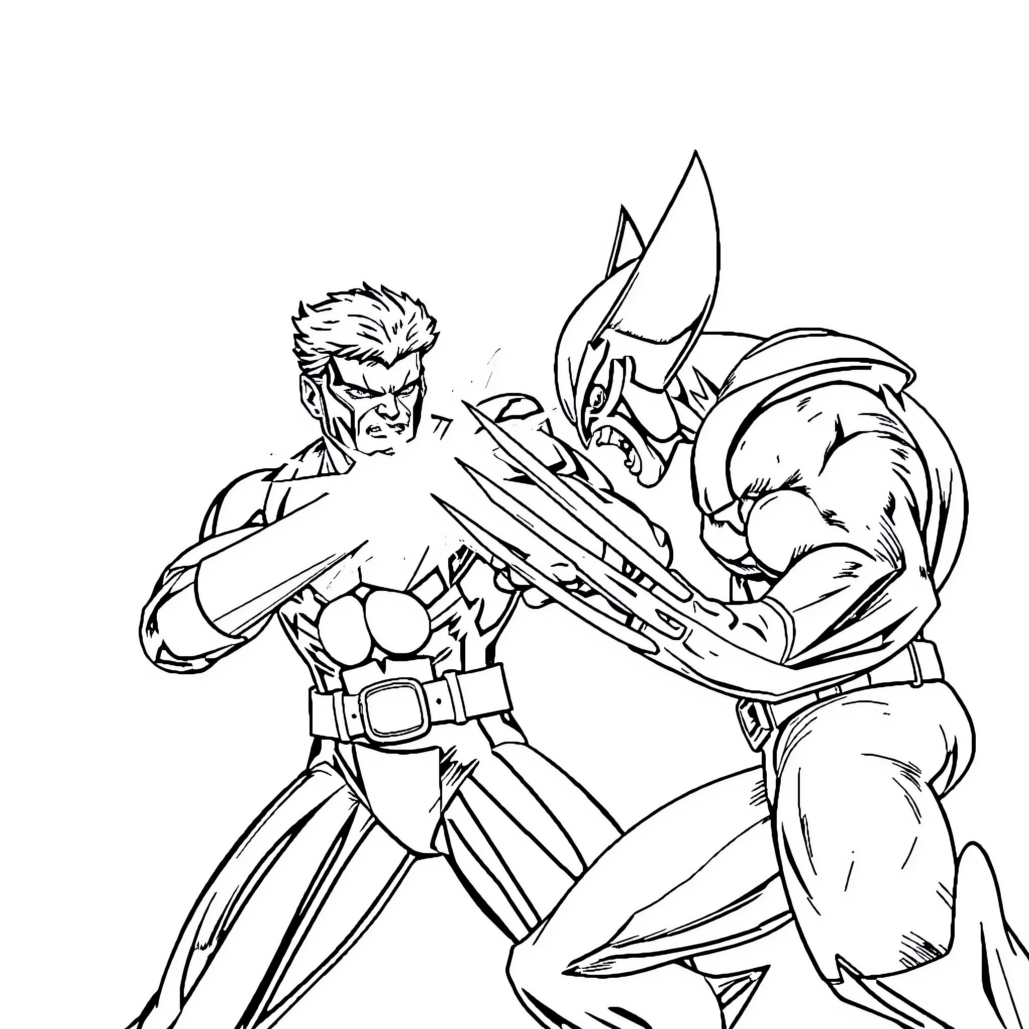 Cyclops battling a fierce opponent in action Coloring Page (free black-and-white line drawing printable PDF for all, from beginners to advanced learners, including children, teens, adults, and seniors)