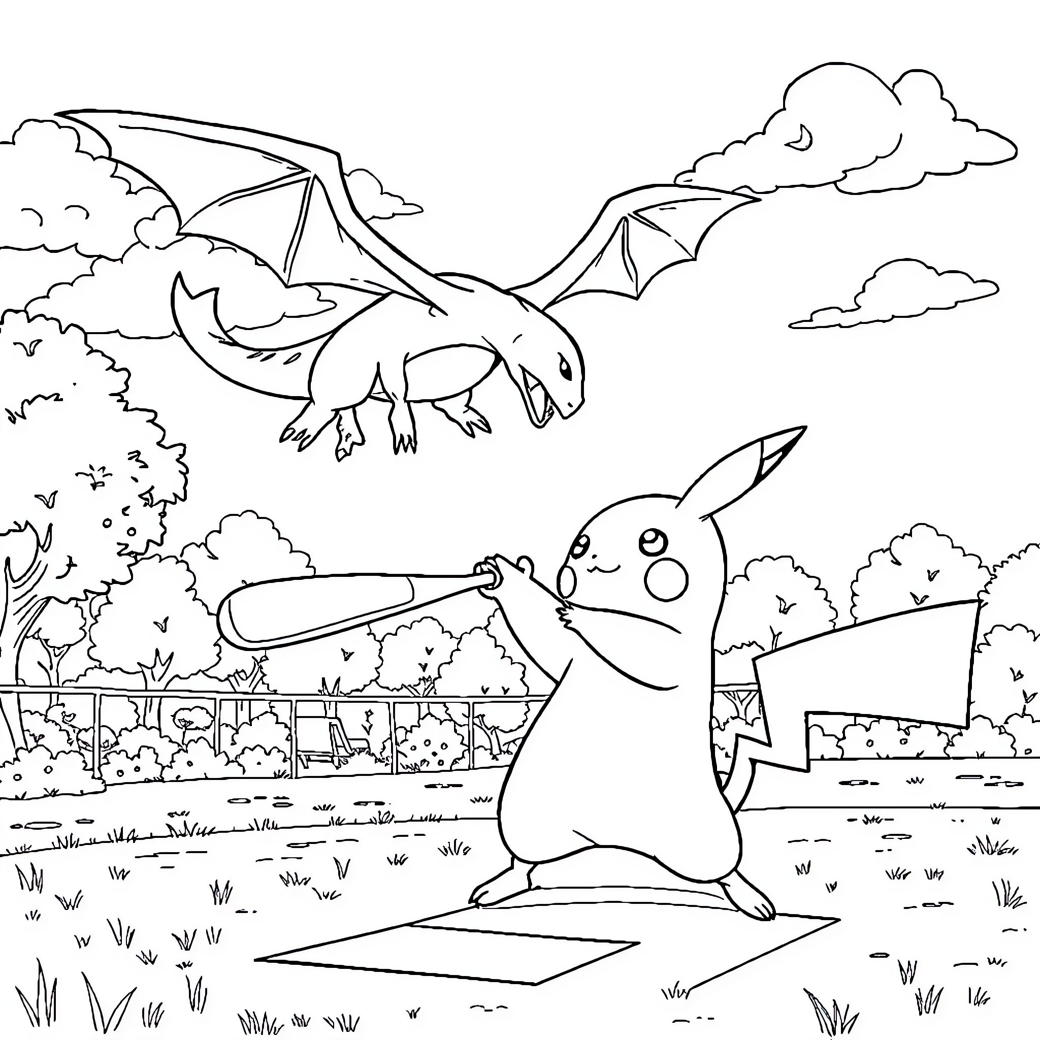 Pikachu playing baseball with a dragon in the park Coloring Page (free black-and-white line drawing printable PDF for all, from beginners to advanced learners, including children, teens, adults, and seniors)