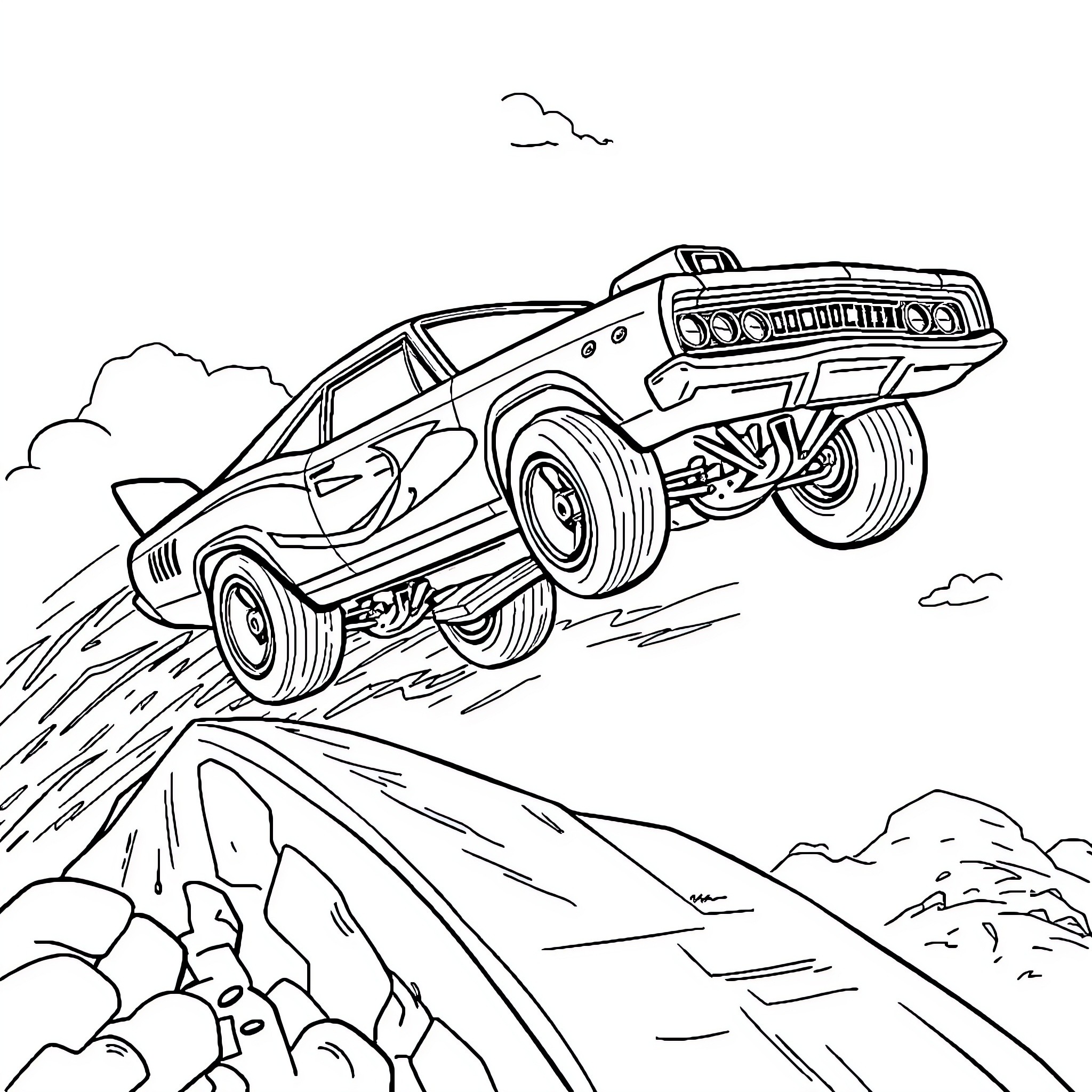 Car jumping over rocky terrain Coloring Page (free black-and-white line drawing printable PDF for all, from beginners to advanced learners, including children, teens, adults, and seniors)