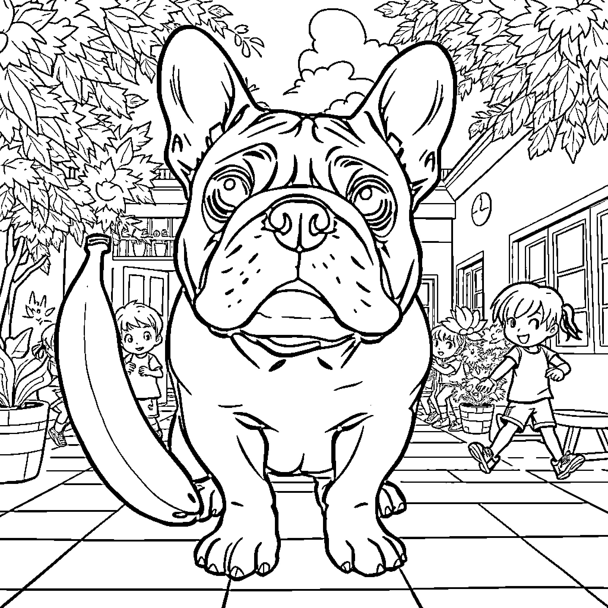 Bulldog in a cheerful outdoor scene Coloring Page (free black-and-white line drawing printable PDF for all, from beginners to advanced learners, including children, teens, adults, and seniors)