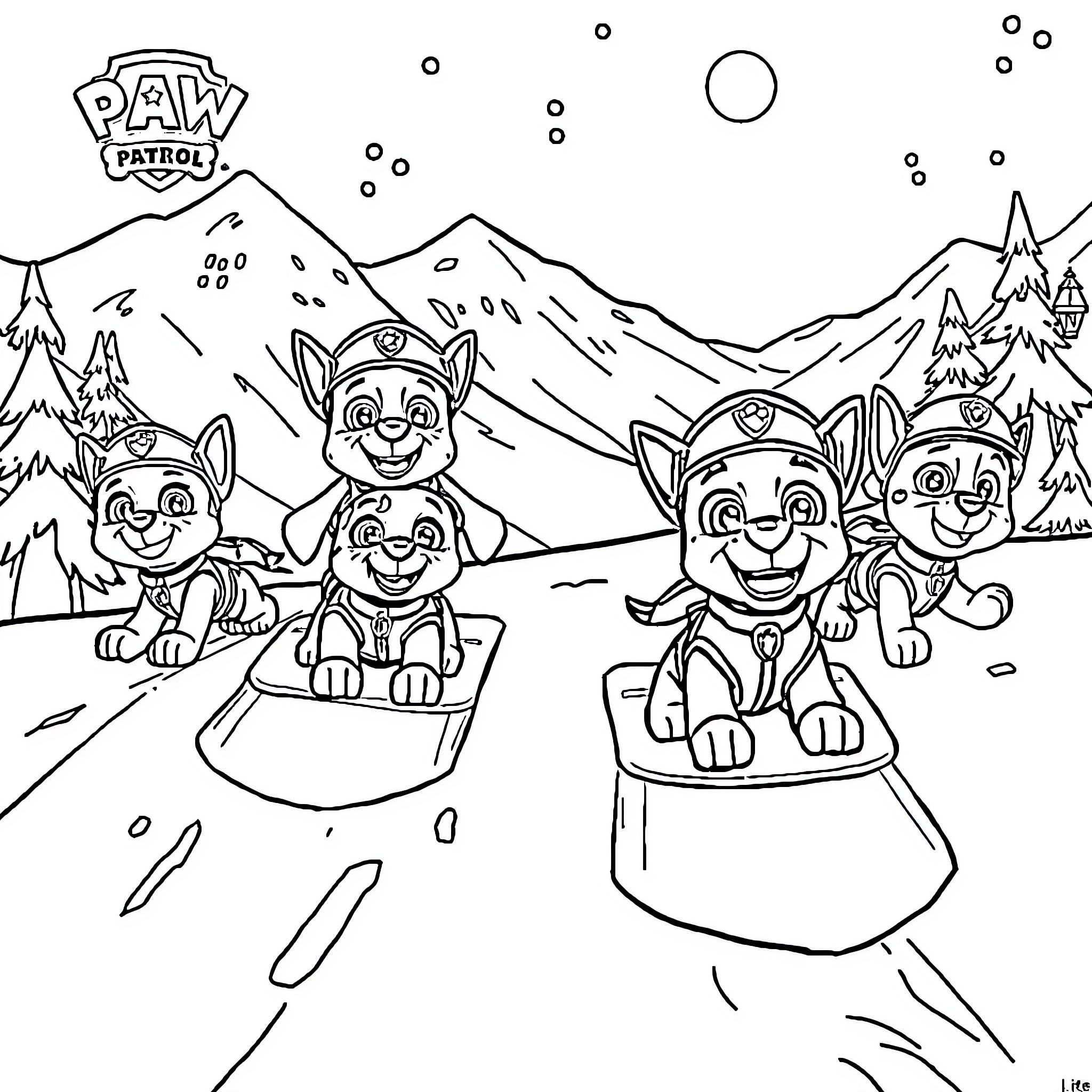 Paw Patrol characters on a snowy mountain adventure Coloring Page (free black-and-white line drawing printable PDF for all, from beginners to advanced learners, including children, teens, adults, and seniors)