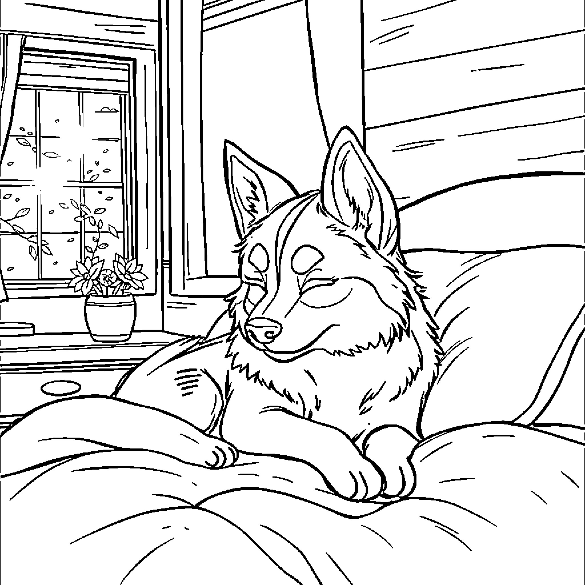 Huntrix Rumi relaxes comfortably in cozy home Coloring Page (free black-and-white line drawing printable PDF for all, from beginners to advanced learners, including children, teens, adults, and seniors)
