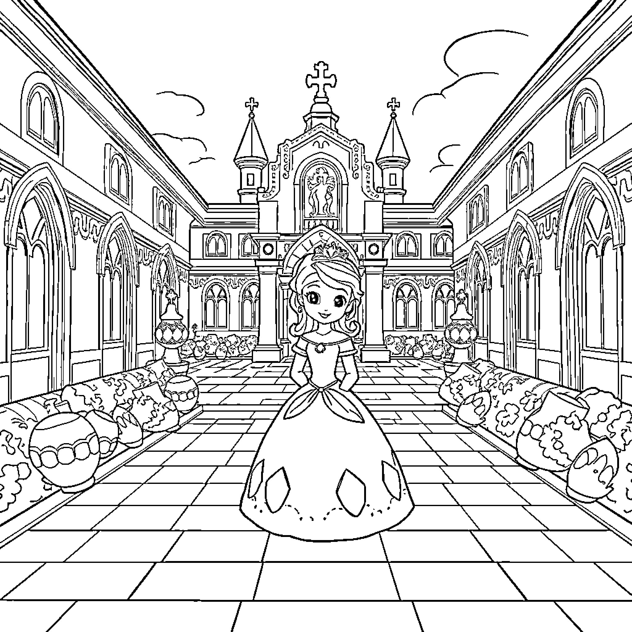 Princess Sofia standing gracefully in front of a palace Coloring Page (free black-and-white line drawing printable PDF for all, from beginners to advanced learners, including children, teens, adults, and seniors)