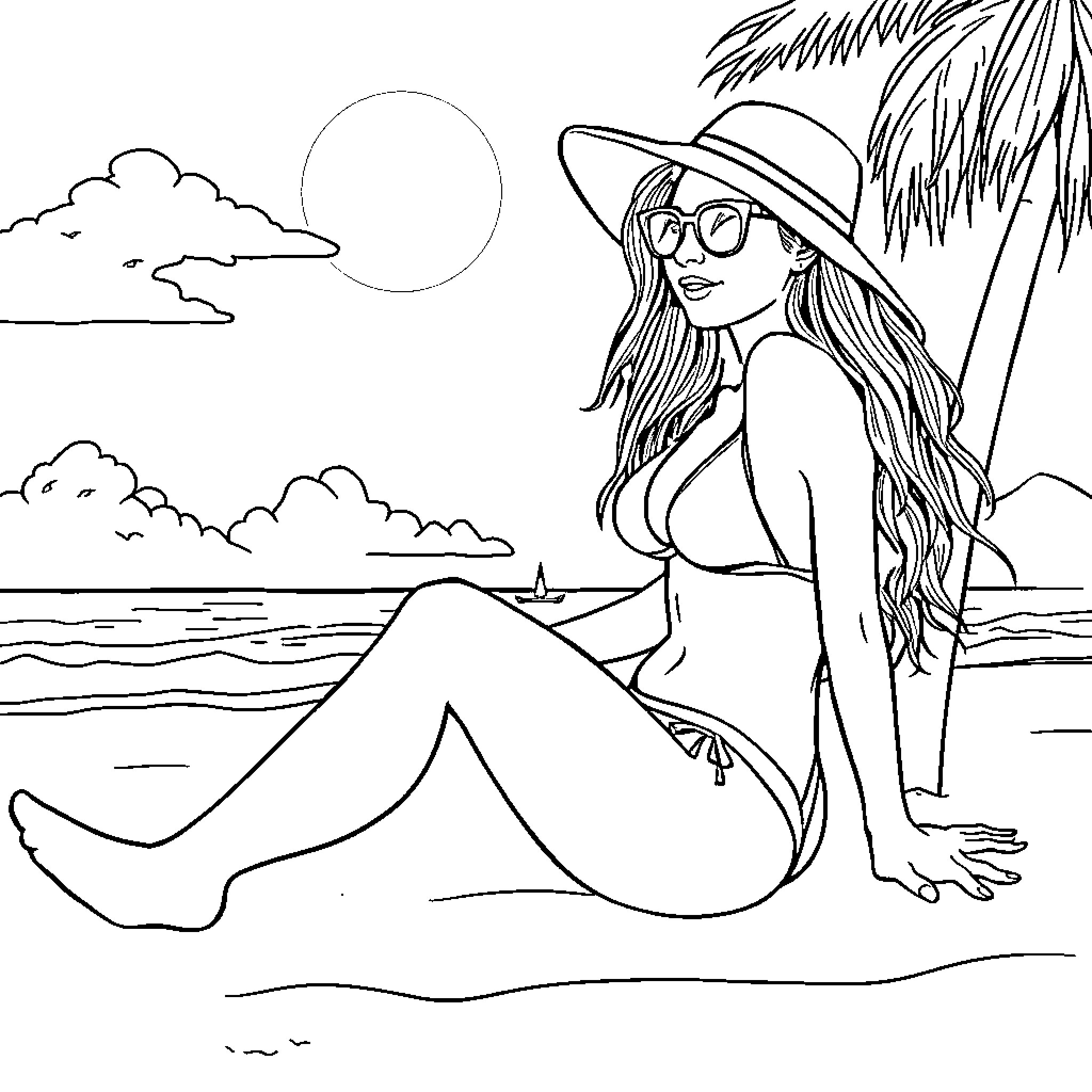Girl enjoying beach vacation in summer Coloring Page (free black-and-white line drawing printable PDF for all, from beginners to advanced learners, including children, teens, adults, and seniors)