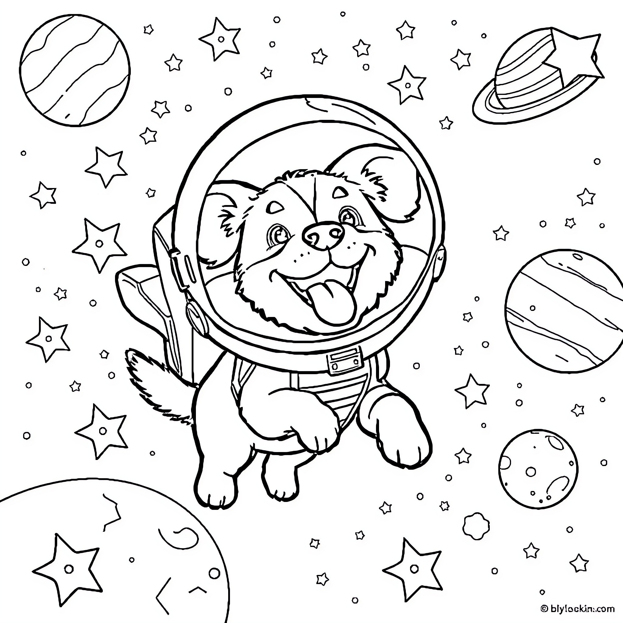 Dog astronaut exploring the cosmos Coloring Page (free black-and-white line drawing printable PDF for all, from beginners to advanced learners, including children, teens, adults, and seniors)