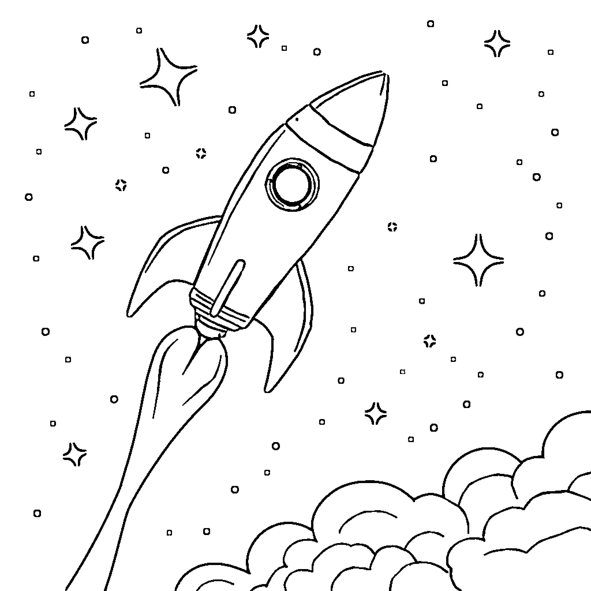 Rocket blasting off into the starry night sky Coloring Page (free black-and-white line drawing printable PDF for all, from beginners to advanced learners, including children, teens, adults, and seniors)