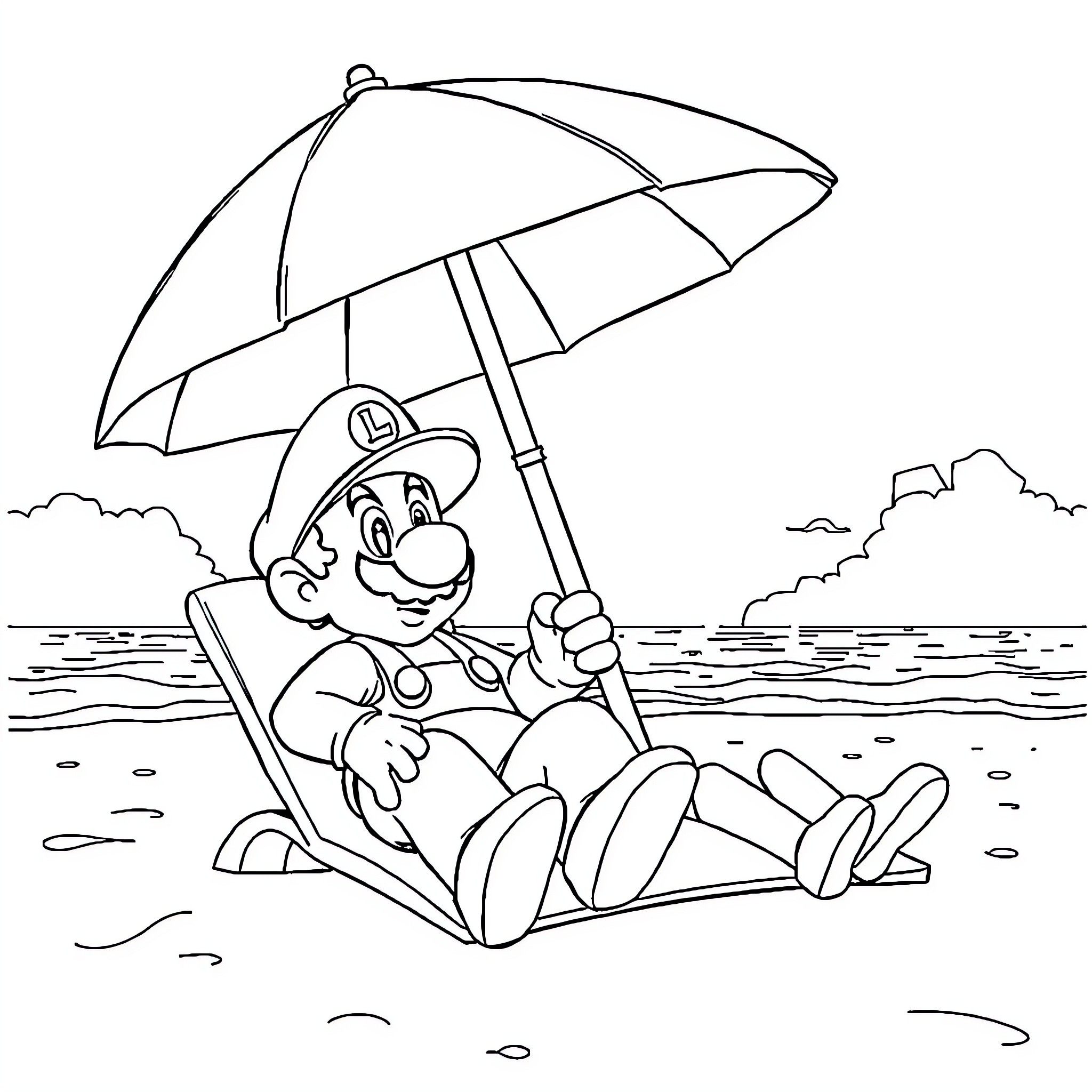 Mario relaxing on the beach with umbrella Coloring Page (free black-and-white line drawing printable PDF for all, from beginners to advanced learners, including children, teens, adults, and seniors)