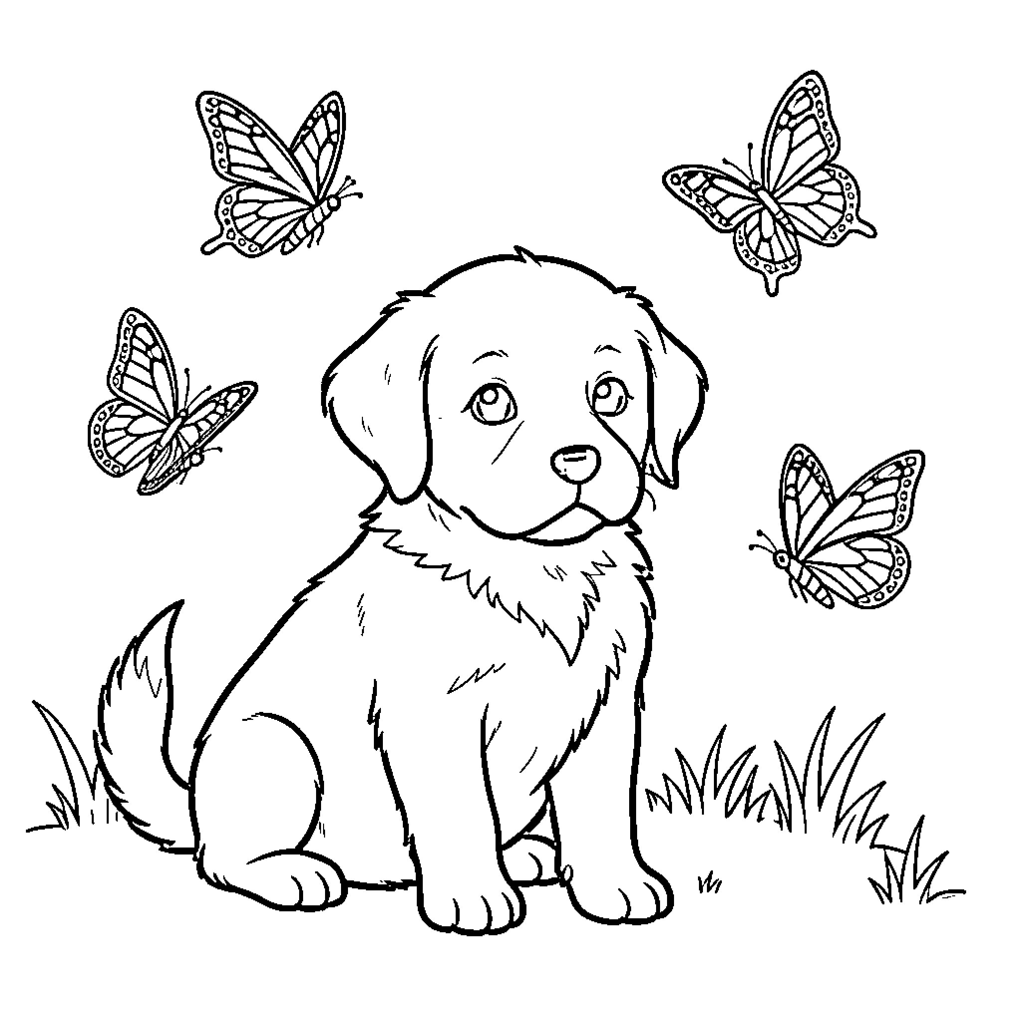 Puppy sitting curiously surrounded by flying butterflies Coloring Page (free black-and-white line drawing printable PDF for all, from beginners to advanced learners, including children, teens, adults, and seniors)