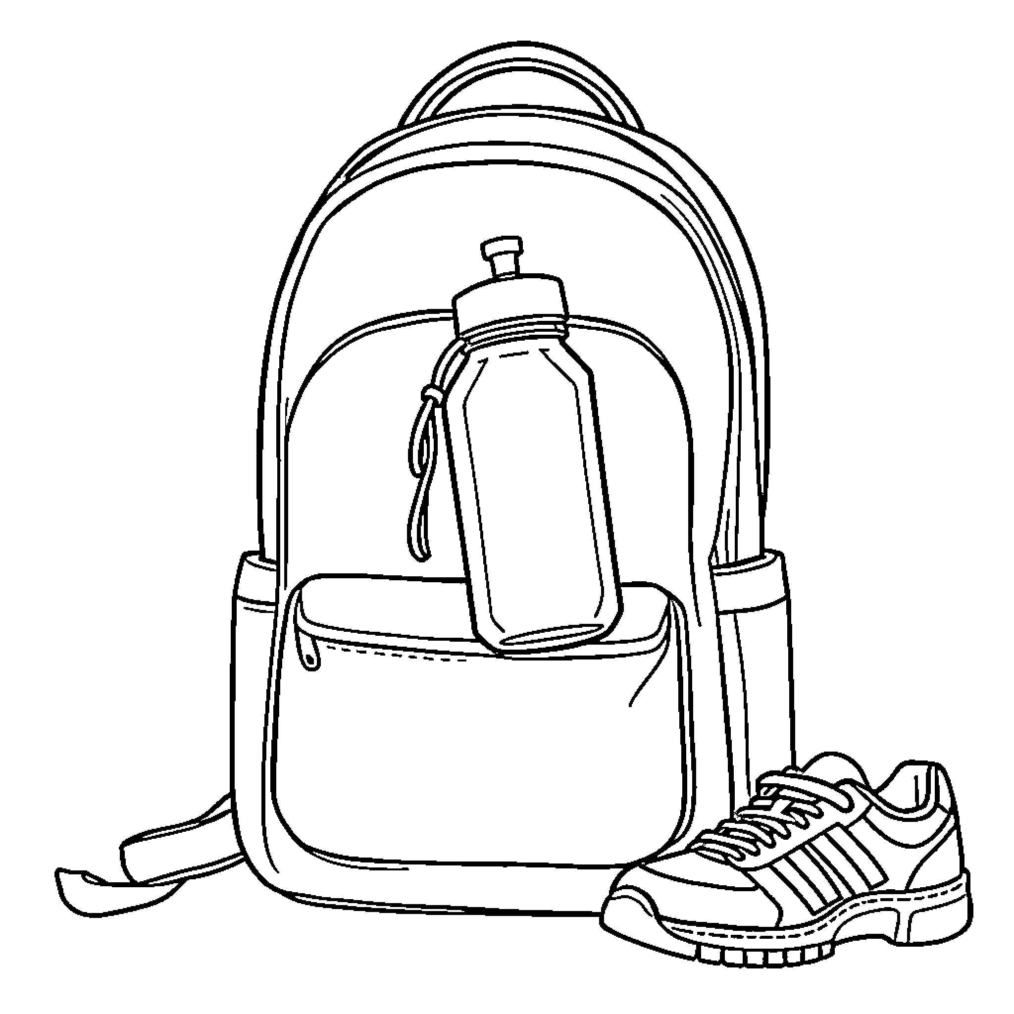 School Bag with Water Bottle and Sneakers Coloring Page (free black-and-white line drawing printable PDF for all, from beginners to advanced learners, including children, teens, adults, and seniors)