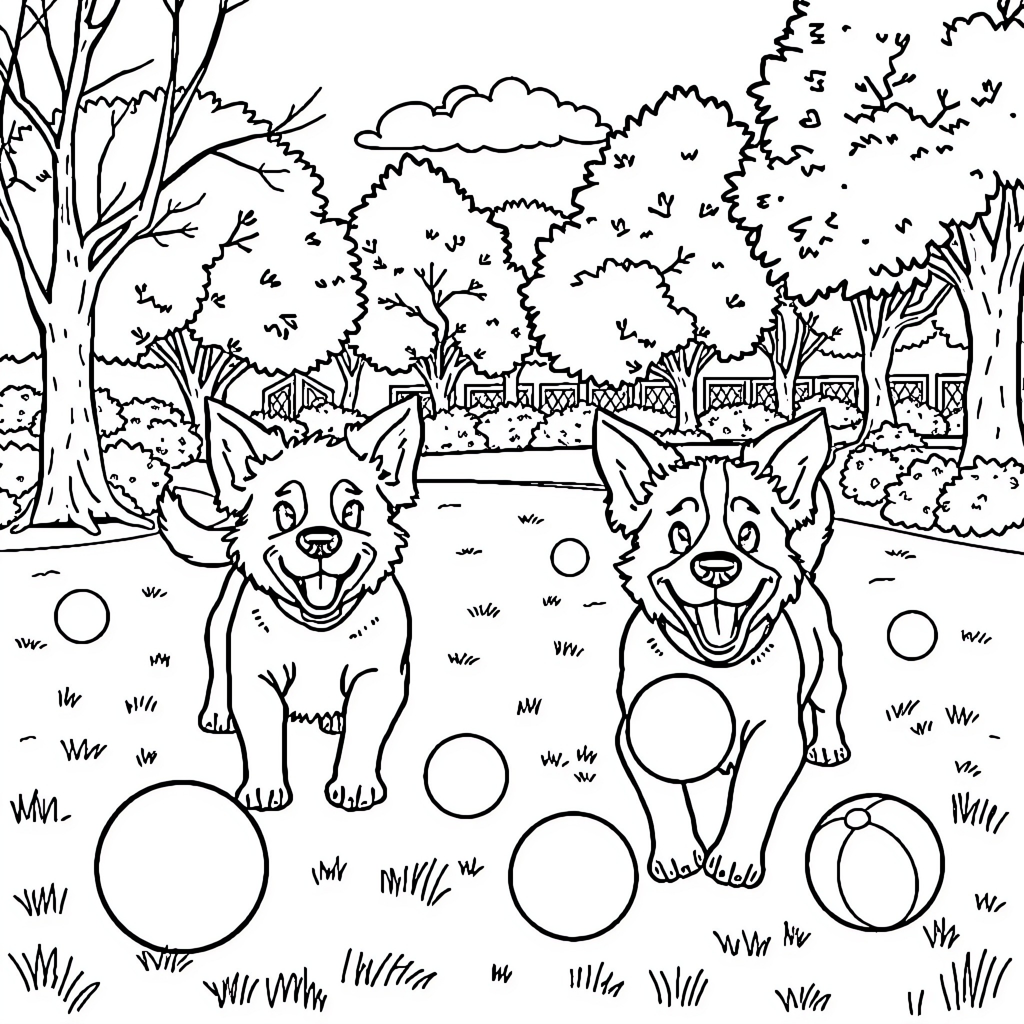 Dog friends playing happily in the forest Coloring Page (free black-and-white line drawing printable PDF for all, from beginners to advanced learners, including children, teens, adults, and seniors)